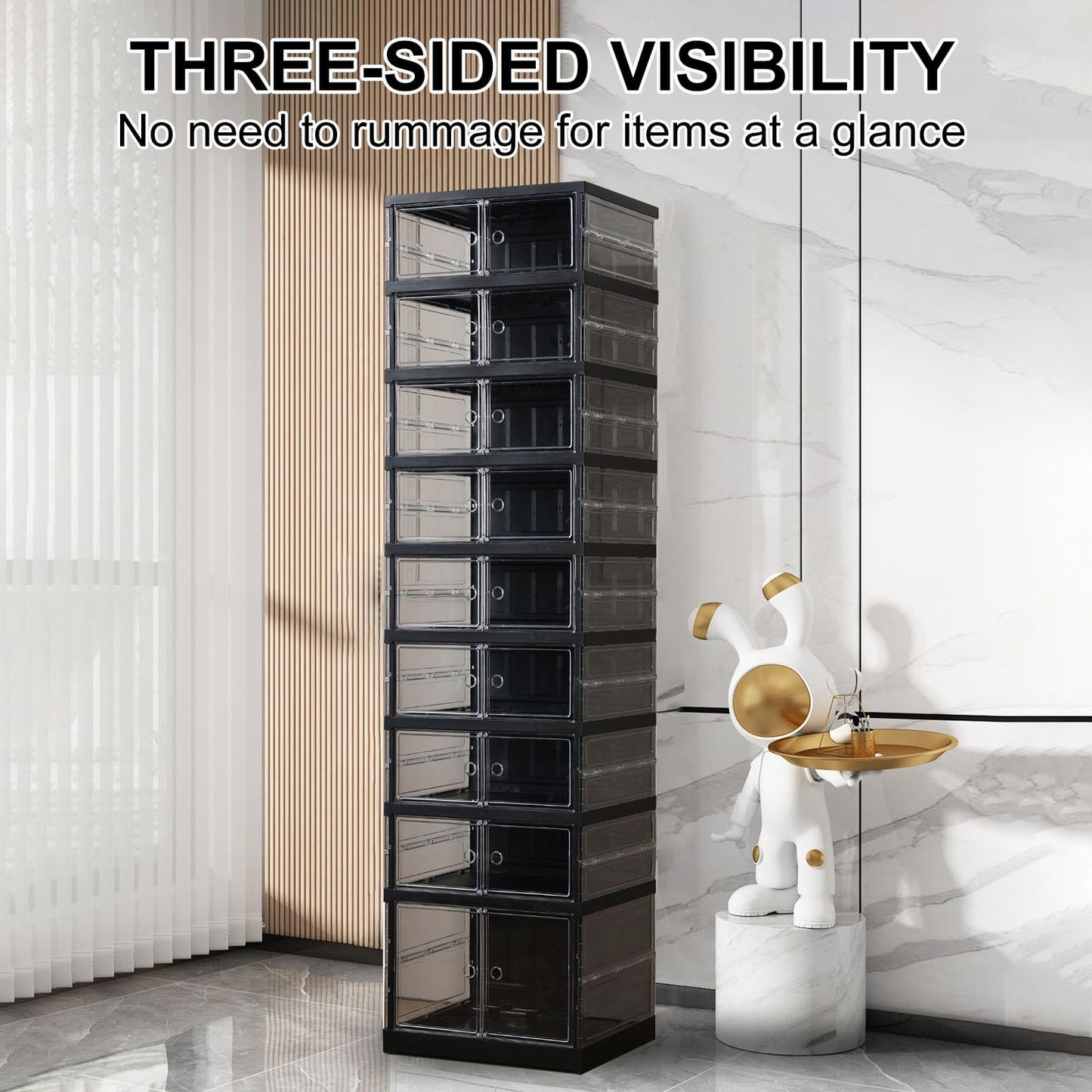 ELPHECO 9 Tier 18 Pairs Foldable Shoe Rack - Clear Shoe Rack Organizer, Folding Entryway Shoe Cabinet, Collapsible Sneaker with Magnetic Doors, Stackable Shoe Shelf,Three-Sided Clear Shoe Box, Black