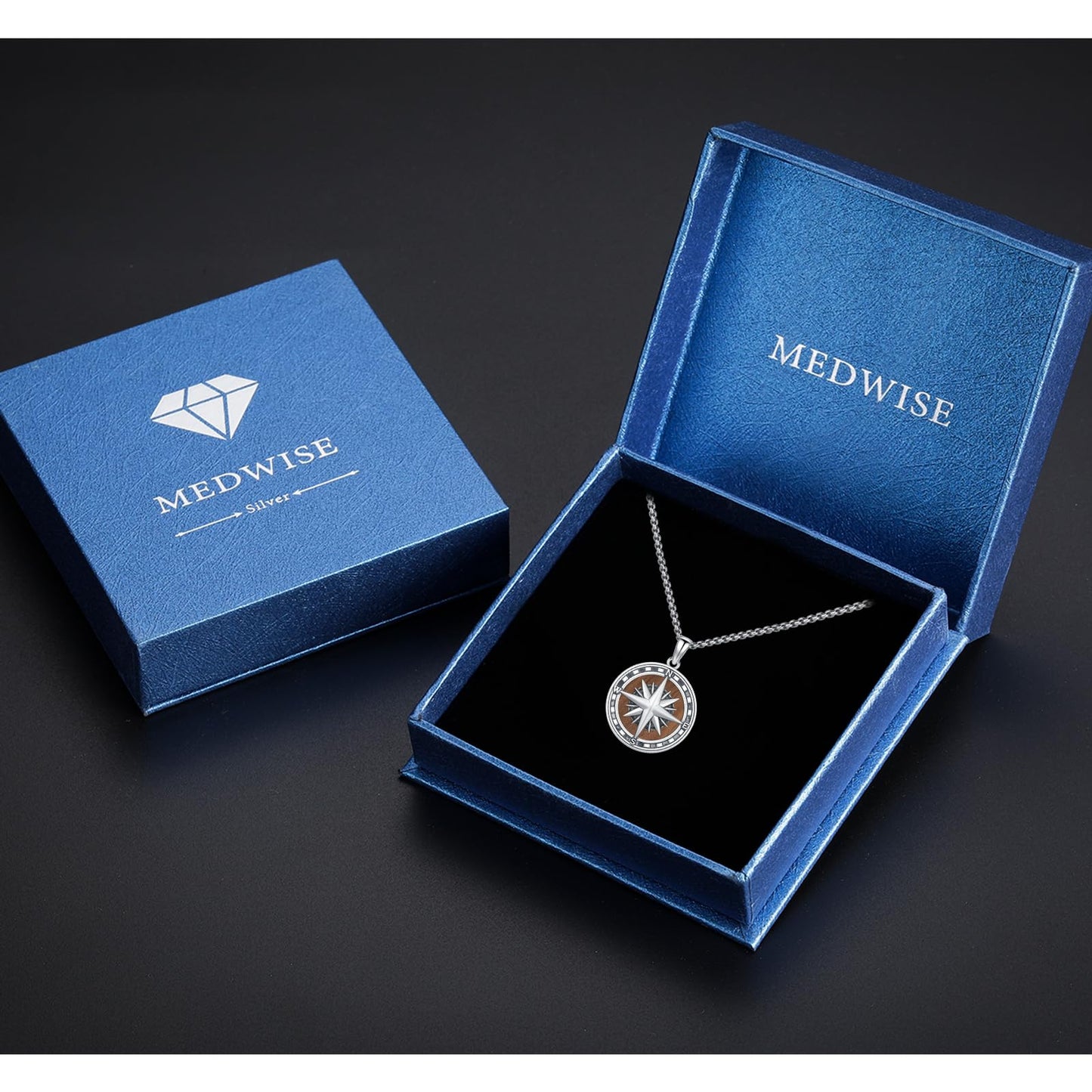 MEDWISE Compass Necklace for Men 925 Sterling Silver Compass Pendant Necklace With Ebony Graduation Inspirational Gifts Travel Jewelry Gifts for Women Men with Stainless Steel Chain