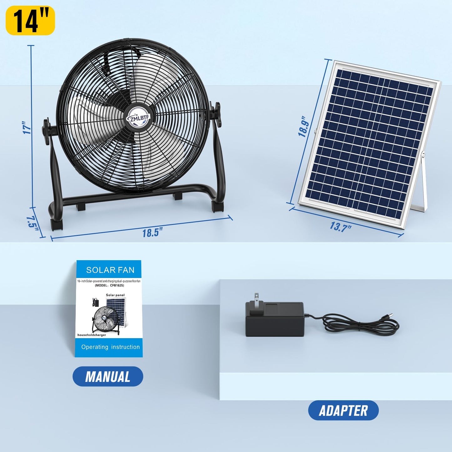 ZMLBTF 14" Solar Powered Fan with 20W Solar Panel & Rechargeable Battery, Portable, Quiet 12 Speed, 360° Tilt Head for Outside, Camping, Travel, Greenhouse, Chicken Coop, Patio, gazebo (Black)