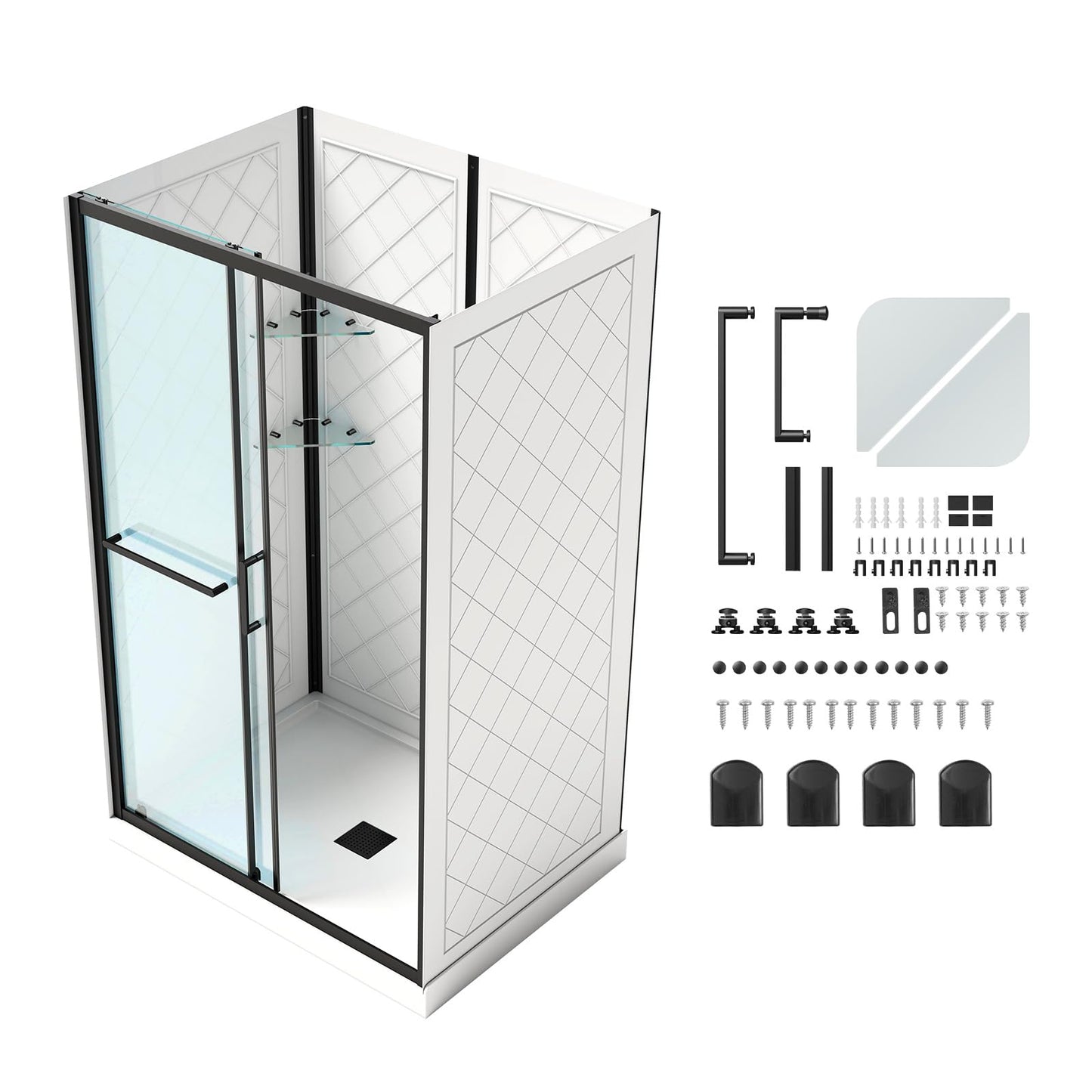 VEVOR Shower Enclosure, 36 in. D x 48 in. W x 79.1 in. H, Framed Sliding Shower Door with 1/4 in. Clear Tempered Glass, Complete Bathroom Alcove Stall with Non-Slip Base Kit & Triple-Sided Wall Panels