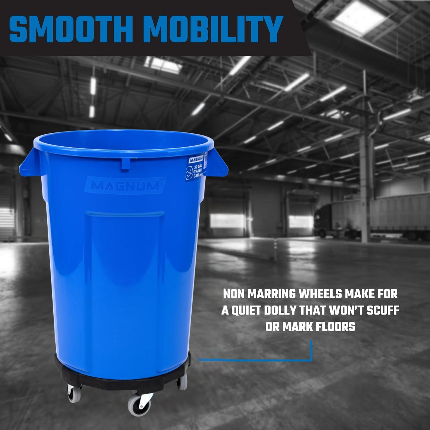 Magnum Blue 32 Gallon Trash Can Set (Trash Can, Quiet Dolly, and Reinforced Lid), Construction Grade, Jobsite Ready for Handling and Rolling Garbage CMTC-CLD0-32B01 (1 Set)