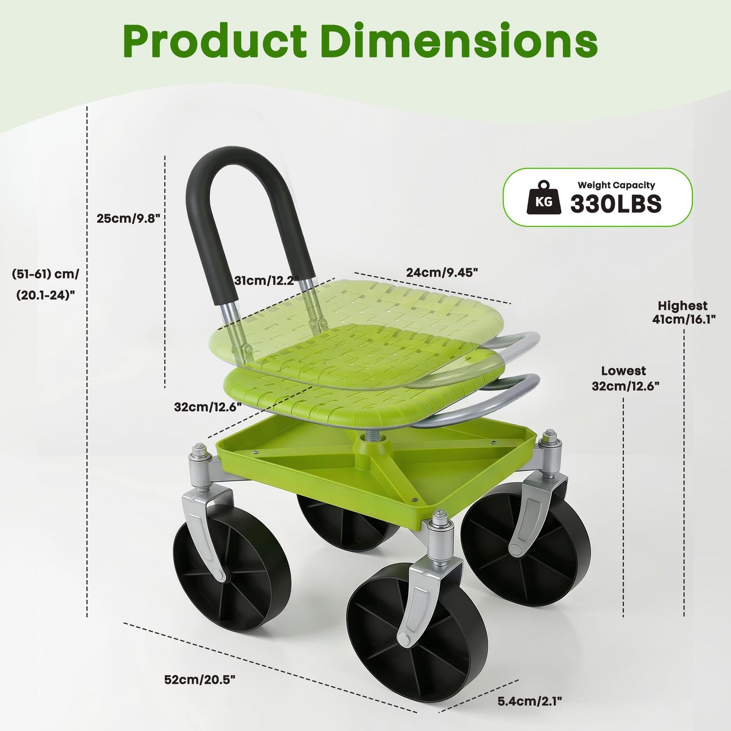 Outdoor Garden Stool with 360° Swivel Caster Wheels, Rolling Garden Cart with 360° Swivel Seat, Height Adjustment, Back Tool Pouch & Under-Seat Tray, Gardening Gifts for Women, Parents, Seniors