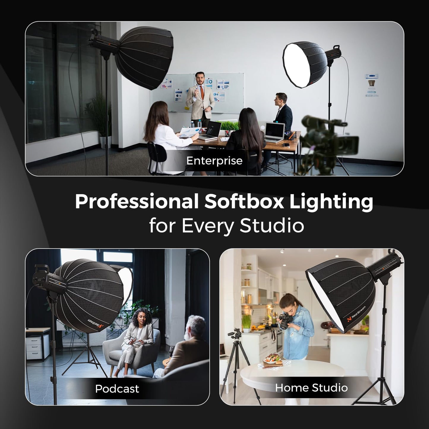 NearStream SL40 100W Softbox Lighting Kit with Tripod, 110'' Adjustable Stand, 27.6'' Softbox, 2700K–6500K Dimmable LED Studio Light, CRI 97+, Remote & App Control for Live Streaming and Video Record
