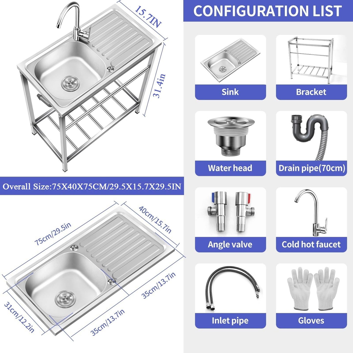 Free Standing Utility Sink, Outdoor Stainless Steel Laundry Tub, Portable Single Bowl Washing Hand Basin Station with Workbench, Fish Cleaning Table &Storage Shelves for Garage, Kitchen,Camping