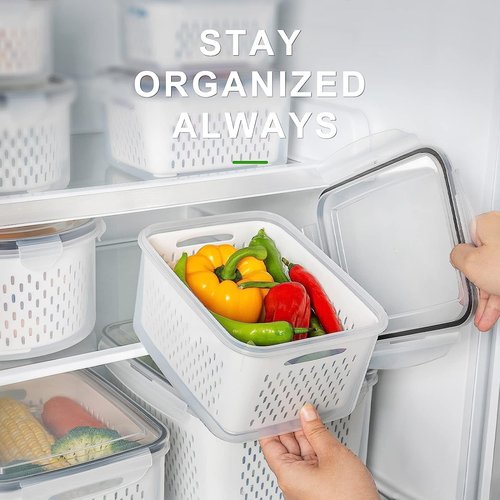 Freshmage Fruit Storage Containers - Airtight Produce Saver with Removable Colander | 4-Piece Set, Small Clear