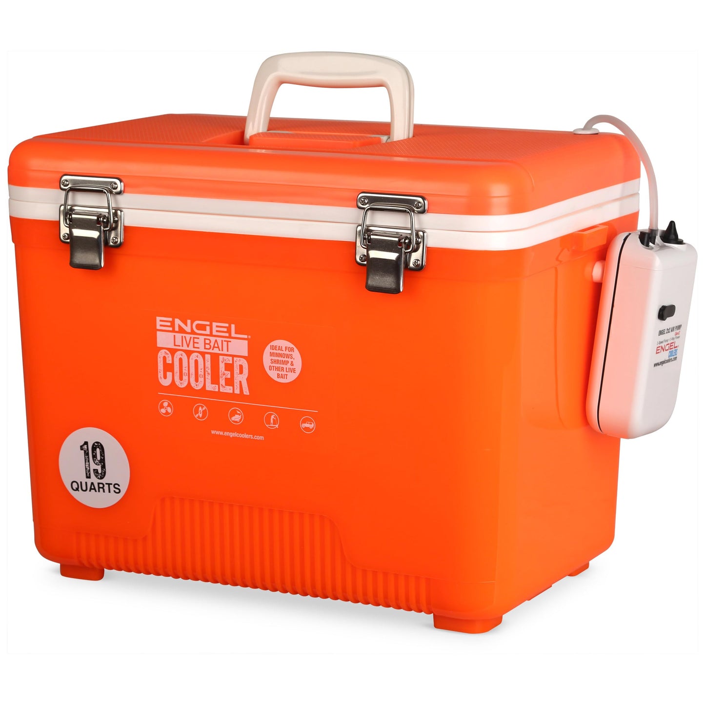 Engel 19qt Live Bait Cooler Box with 2nd Gen 2-Speed Aerator Pump - Portable Fishing Station & Minnow Bucket for Shrimp & Other Live Fish with Aerator - ENGLBC19-N-OHV in Orange High-Visibility