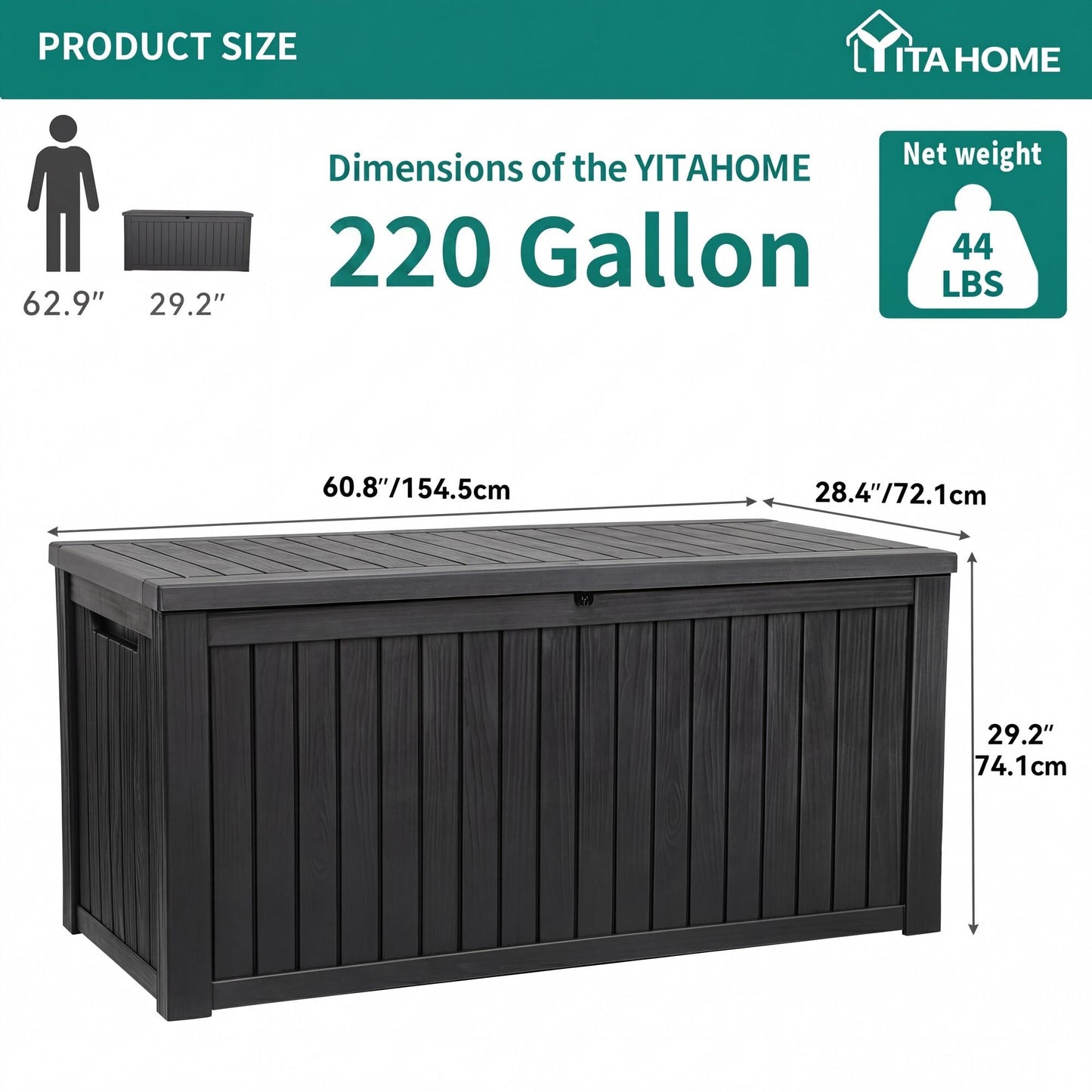 YITAHOME 220 Gallon Large Outdoor Storage XL Deck Box w/Divider for Patio Furniture,Outdoor Cushions, Garden Tools, Sports Equipment and Pool Supplies, Waterproof, Resin, Lockable, Black