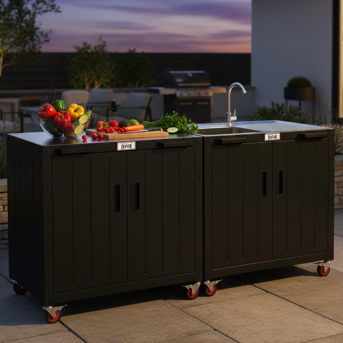 Feasto Outdoor Grill Cart with Storage Cabinet and Stainless Steel Top, 35-Inch Outdoor Grill Station with Door, Modular Kitchen Island for Food Prep and BBQ, Black & Silver