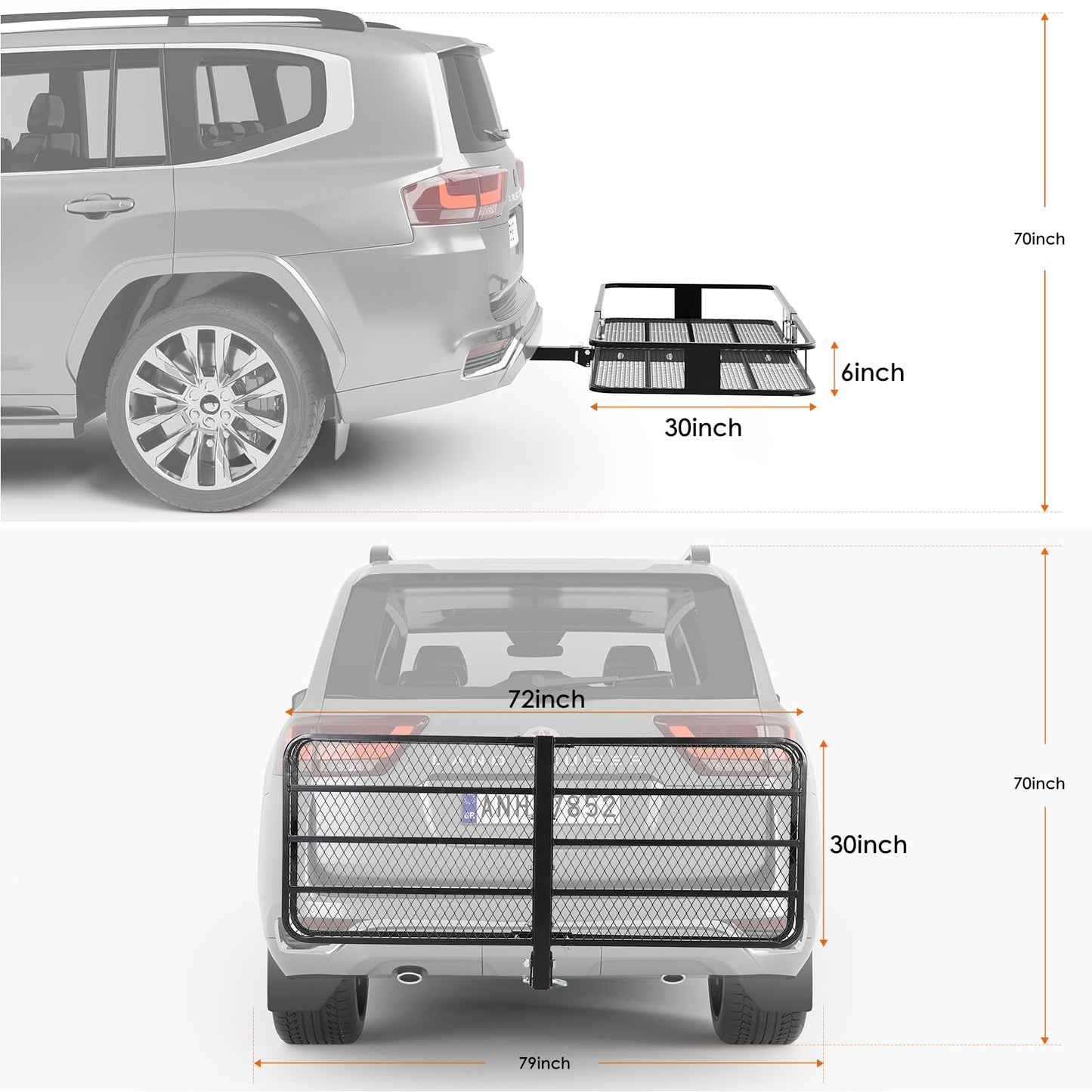 Garvee 70" x 30" x 6", Hitch Cargo Carrier, 500 Lbs Capacity with Ratchet Straps & Cargo Bag, Folding Hitch Mount Cargo Carrier Basket with Hitch Lock for 2" Receiver, Fit for SUVs
