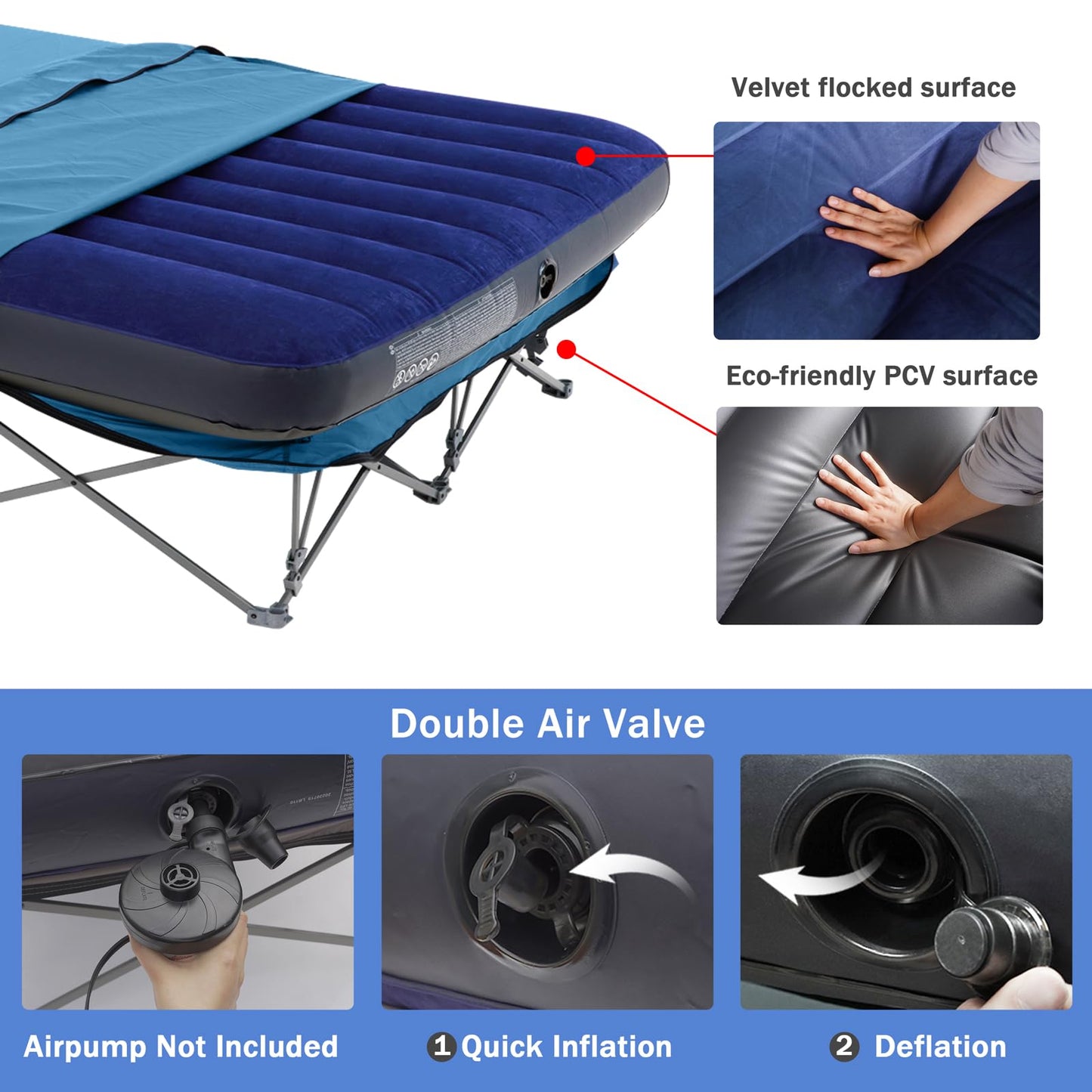 KAMPKEEPER Camping Cot,Camping Cots for Adults,Folding Camping Cot with Inflatable Air Mattress and Carry Bag,for Outdoor Travel Camp Beach Vacation (not Included The Airpump)