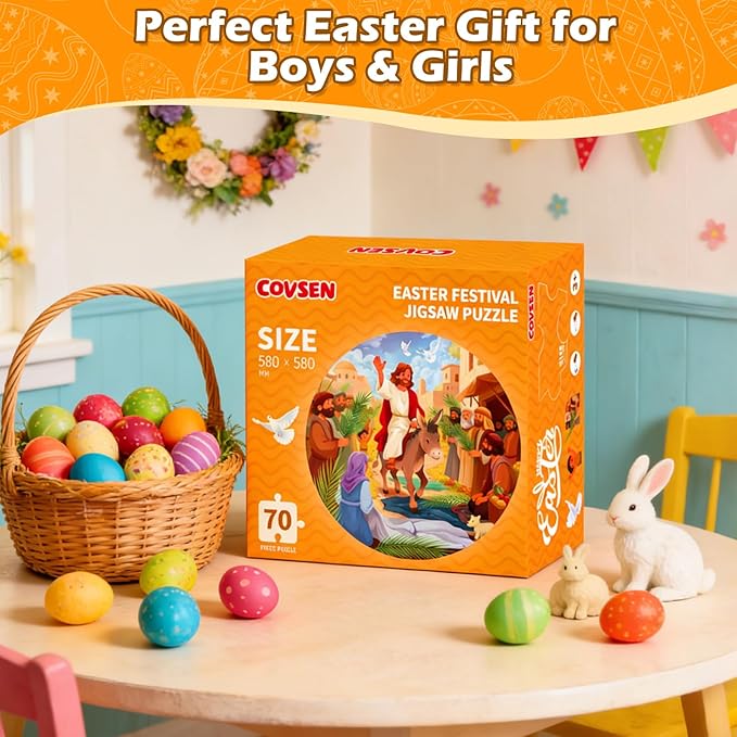 Christian Easter Gifts for Kids 70 Piece Jesus Floor Puzzles for Kid Easter Basket Stuffers Christian Educational Toy for Sunday School Holy Week Palm Sunday Gift Boys Girls Ages 3-8