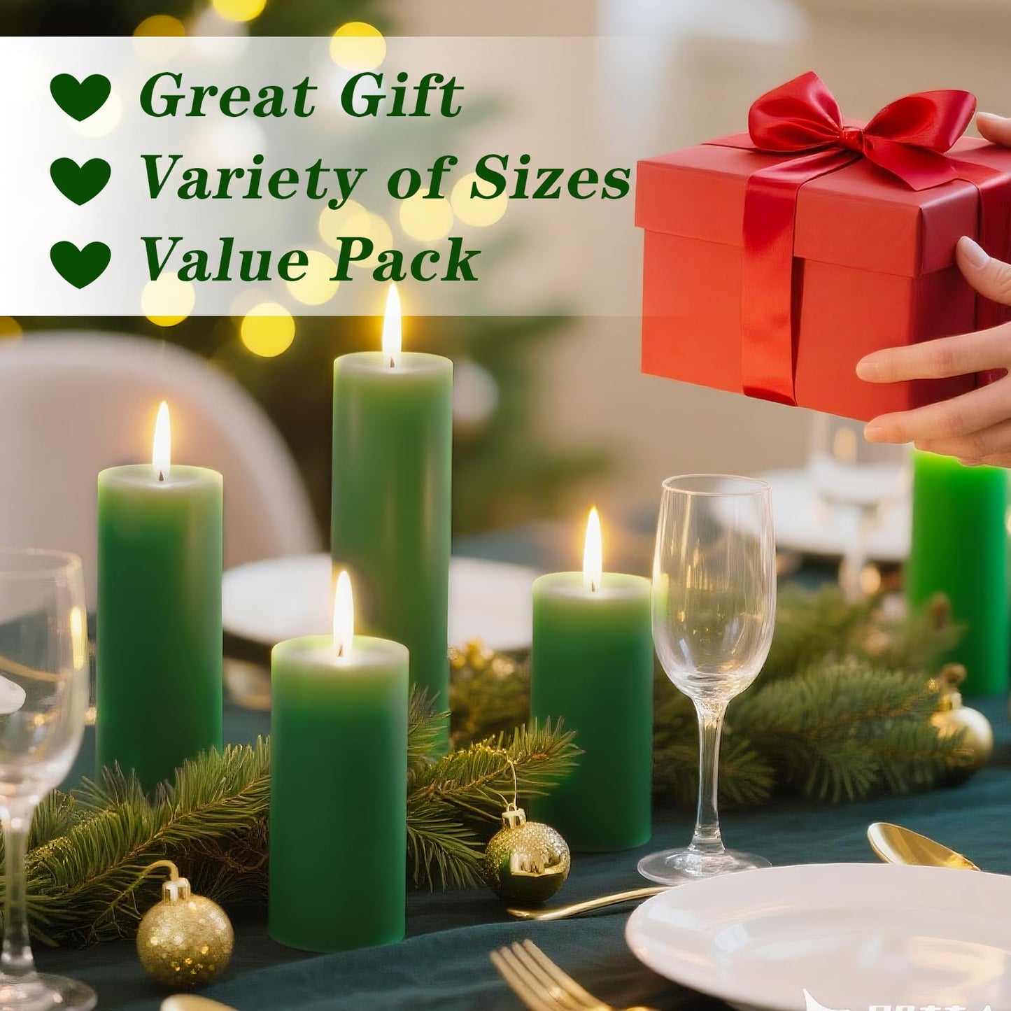 Veiuwa 18 Pcs Green Pillar Candles Bulk Set,Hurricane Candles,3 Different Lengths (6 Each),Dripless Unscented Smokeless,Gives You a Better Atmosphere When Organizing Wedding or Event Party.