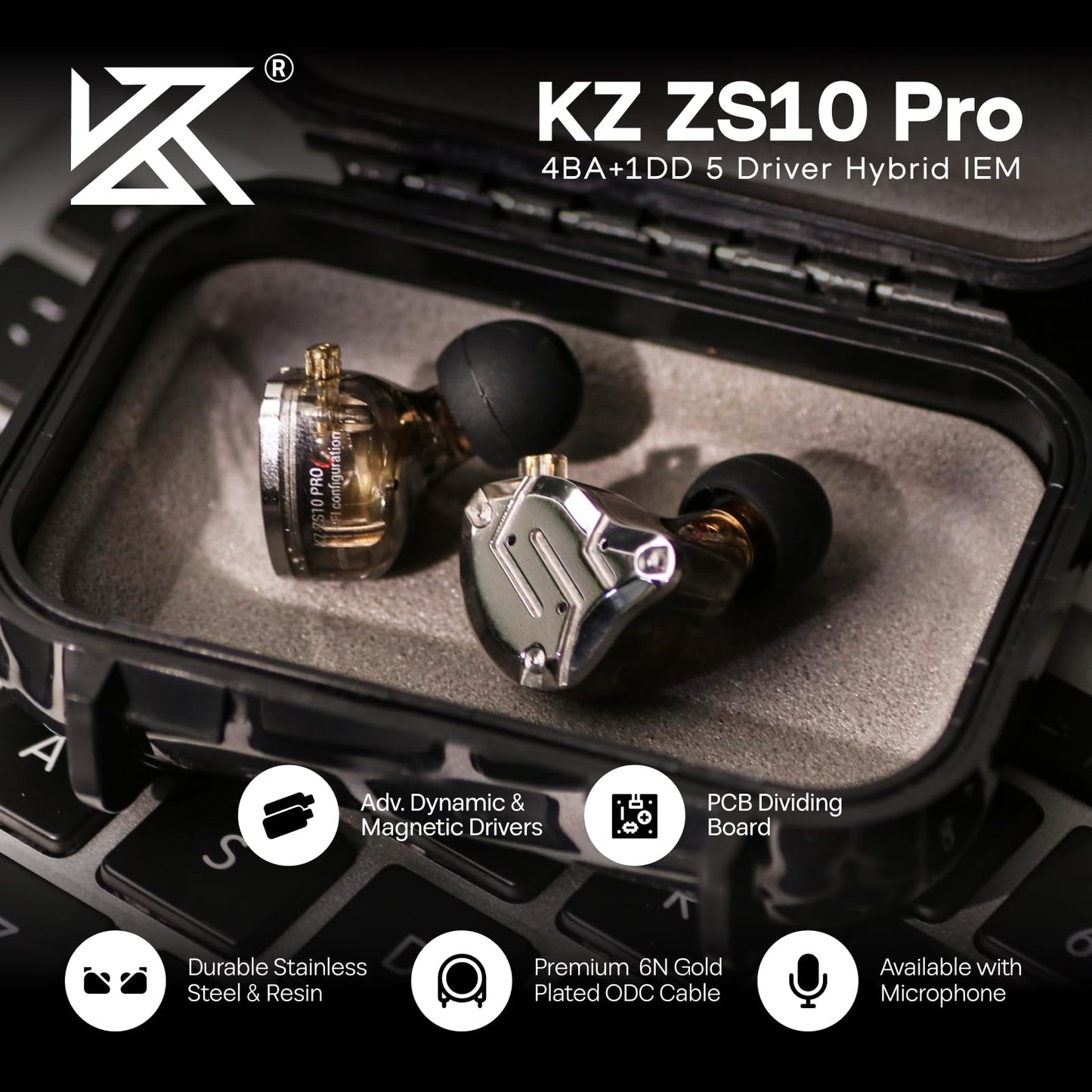 Linsoul KZ ZS10 Pro, 4BA+1DD 5 Driver in Ear Monitor, HiFi Wired Earbuds, Gaming Earbuds, Hybrid IEM Earphones with Stainless Steel Faceplate, Detachable Cable for Musician(with Mic, Black)