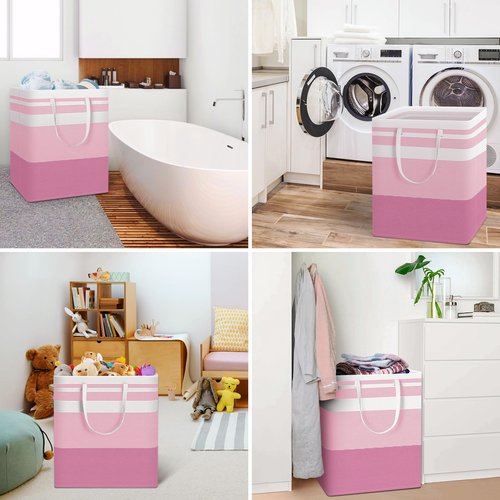 HomeHacks 2 Pack Large Laundry Baskets, Waterproof, Freestanding Laundry Hampers, Collapsible Clothes Hamper with Reinforced Handles in Laundry, College Dorm, Bathroom, Bedroom (Grey+Pink, 100Lx2)