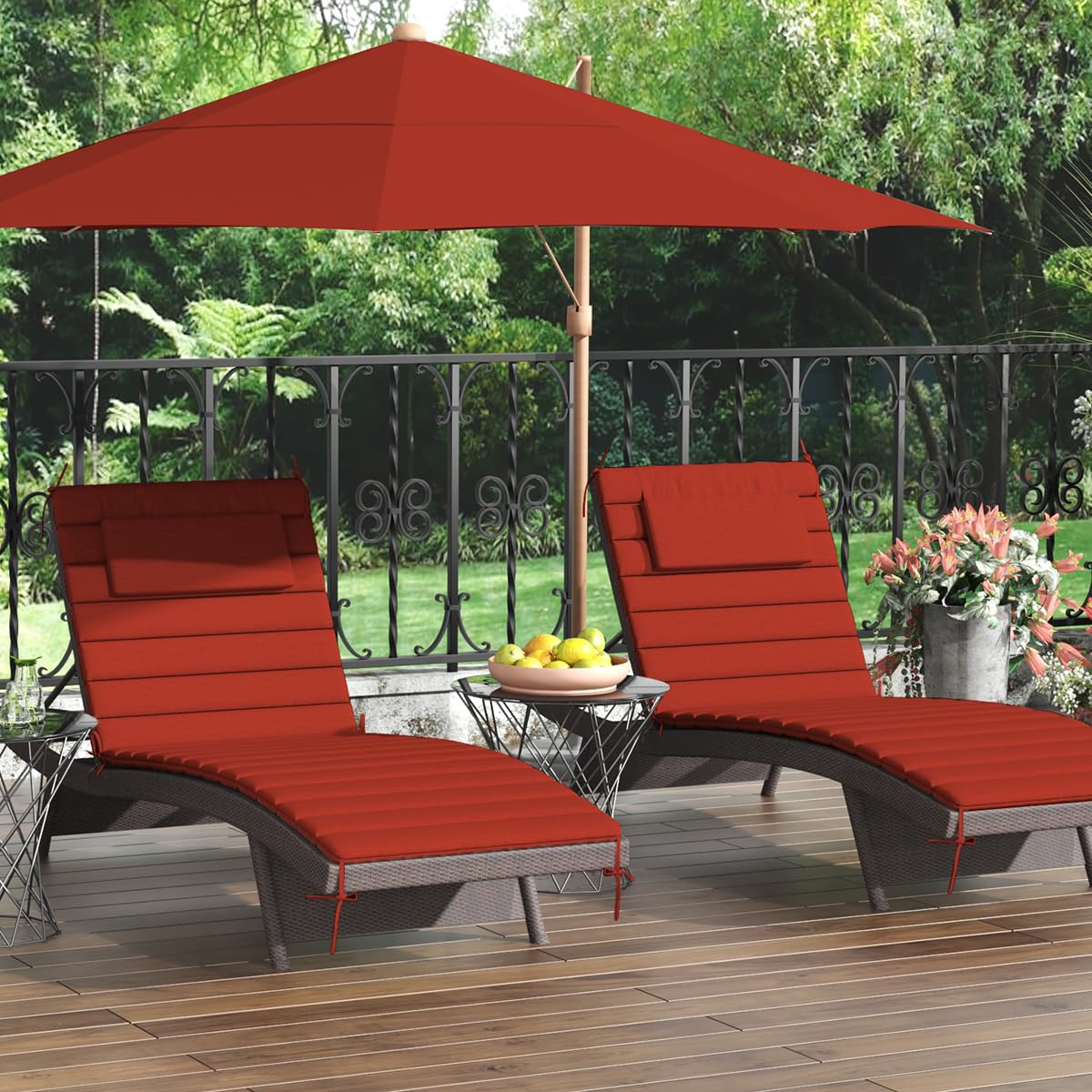 Sundale Outdoor Olefin Quilted Lounge Cushion Set of 2, Patio Foldable Chaise Lounger Cushion, Water-Resistant Lounge Chair Pad with Straps Red, 72 x 21 inches
