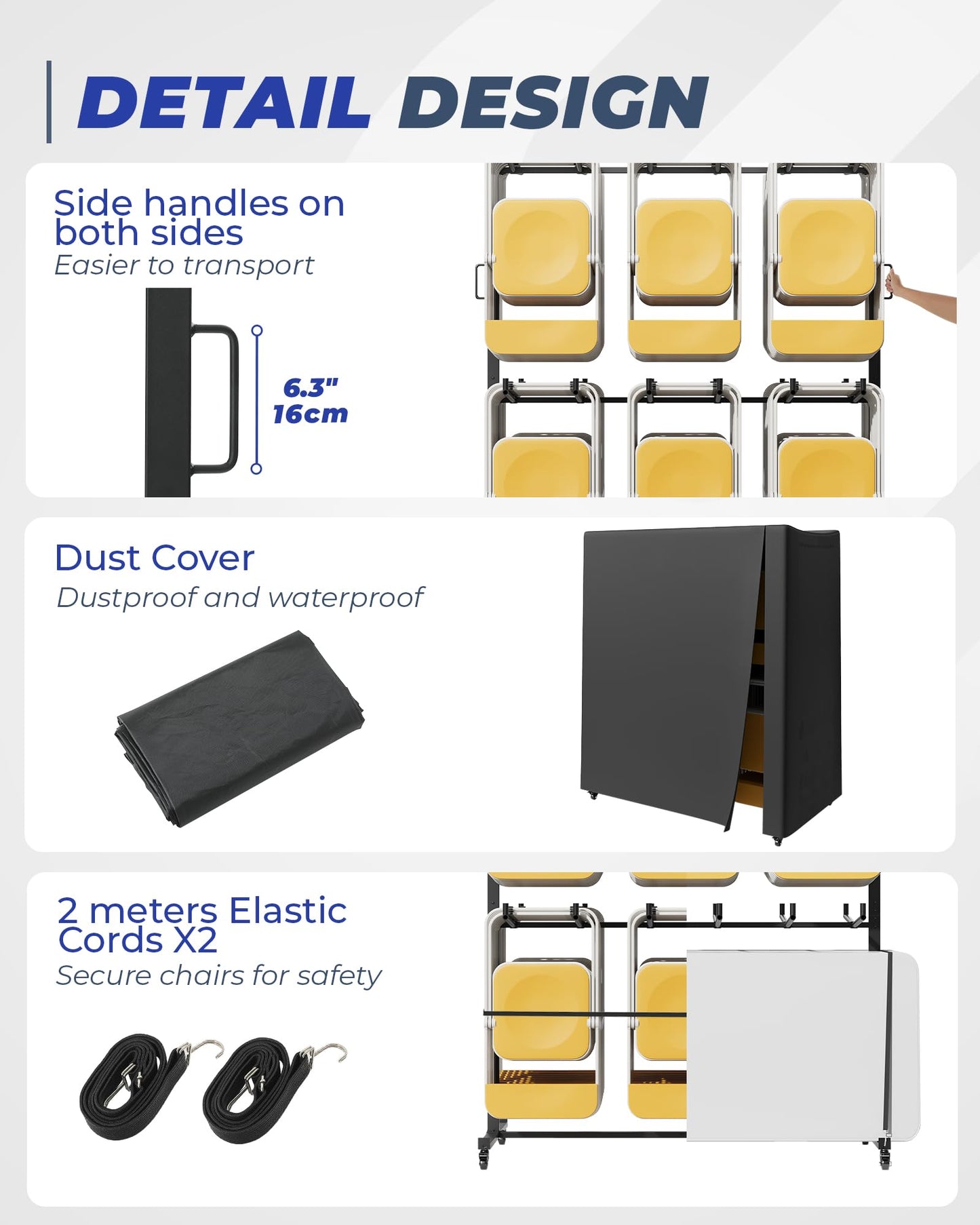 Folding Chair Rack, Holds 84 Chairs or 12 Tables, Easy to Assemble Folding Chair Cart on Wheels,Includes Dust Cover, Elastic Cords