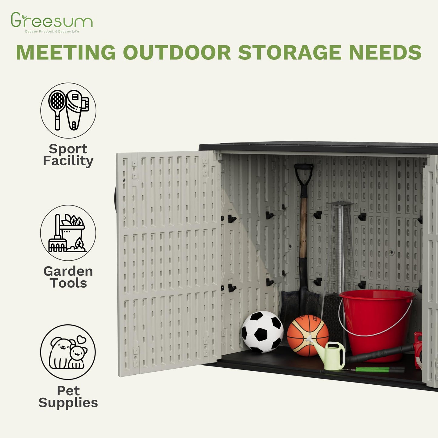 Greesum Outdoor Storage Cabinet, 25 Cu.Ft Deck Box Without Shelves, Waterproof Plastic Storage Bin for Patio Cushions, Gardening Tools, Lockable and Sidehandles, UV Resistant, Beige