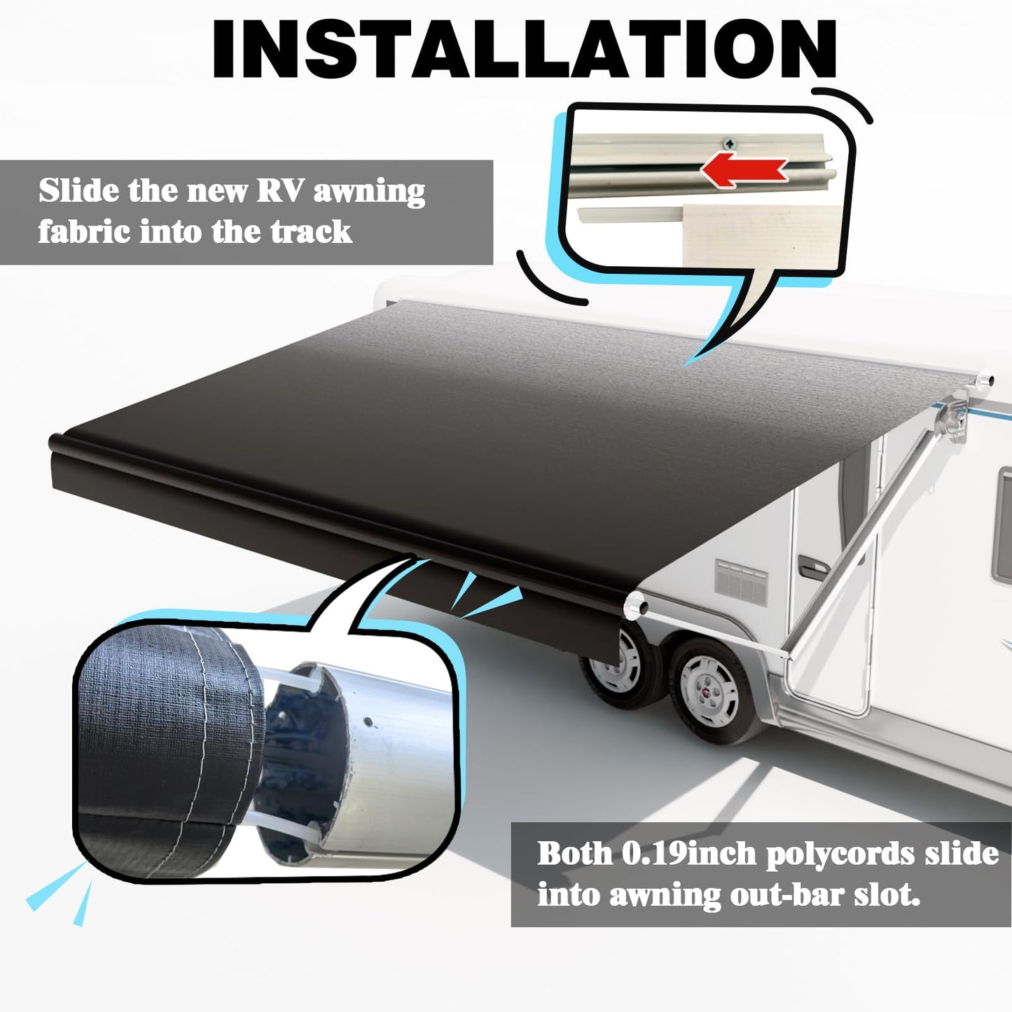 CYLAND RV Awning Fabric Replacement,Camper Trailer Motorized Awning Replacement for Motorhome,Heavy Duty Weatherproof 18.5oz Outdoor Vinyl RV Canopy 20'(Fabric 19'2") Black Fade