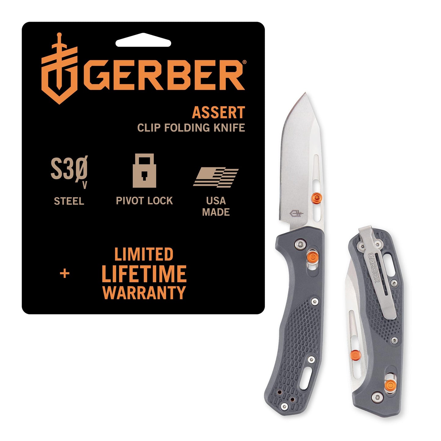 Gerber Gear Assert - Lockable, Lightweight Pocket Knife with Deep Carry Pocket Clip & Textured Handle - Premium Safety Knife - 3 Inch, Stainless Steel, Plain Edge - Made in USA - Gray