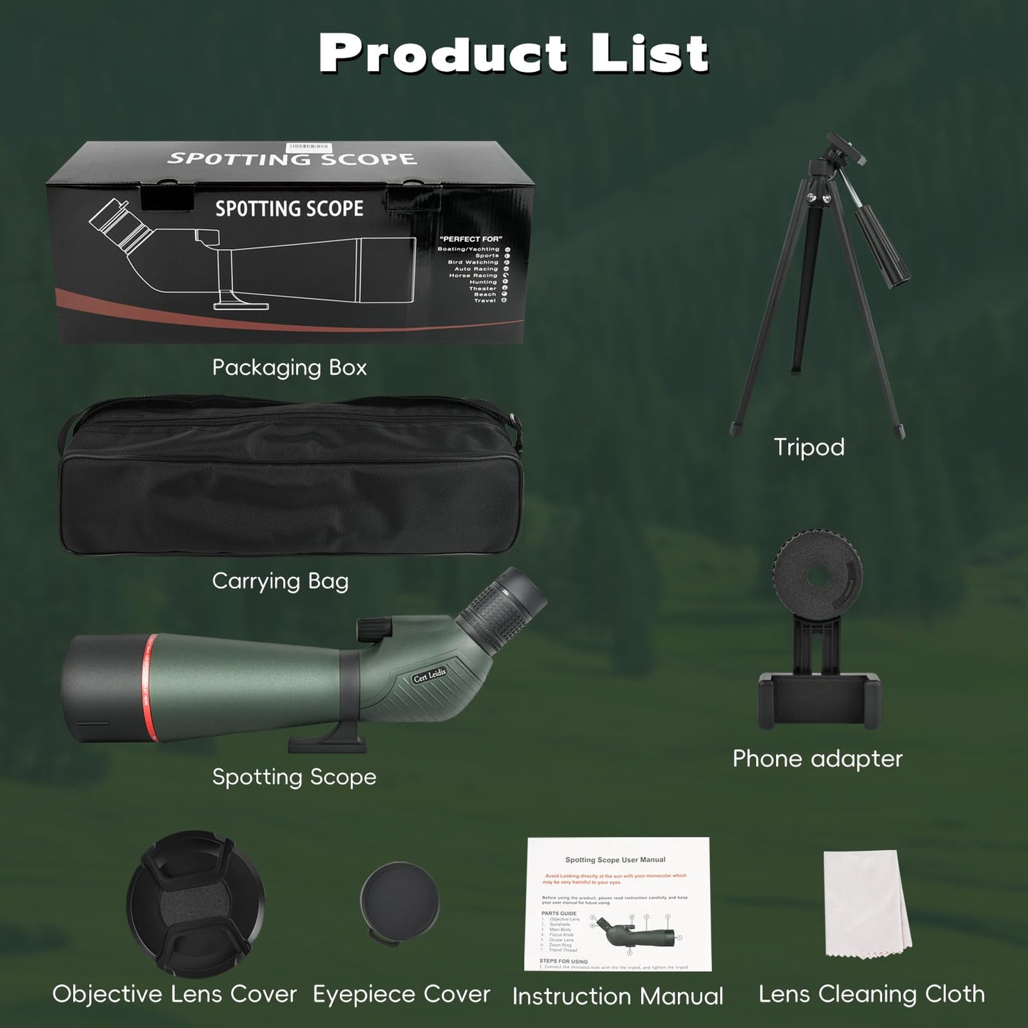 Cert Leidis 25-75x85 HD Spotting Scope with Phone Adapter & Tripod & Portable Carrying Bag - Fully Multi-Coated & BAK4 Prism, Waterproof Spotter Scope for Birding,Wildlife Viewing,Outdoor Observation