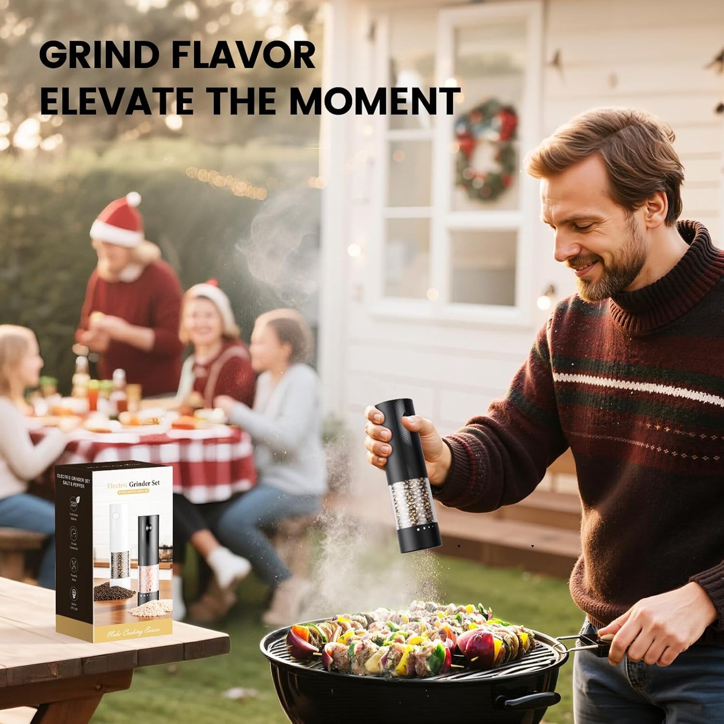 Skiennix Electric Salt and Pepper Grinder Set - Rechargeable Automatic Shakers with Adjustable Coarseness | 2 Pack in Black/White