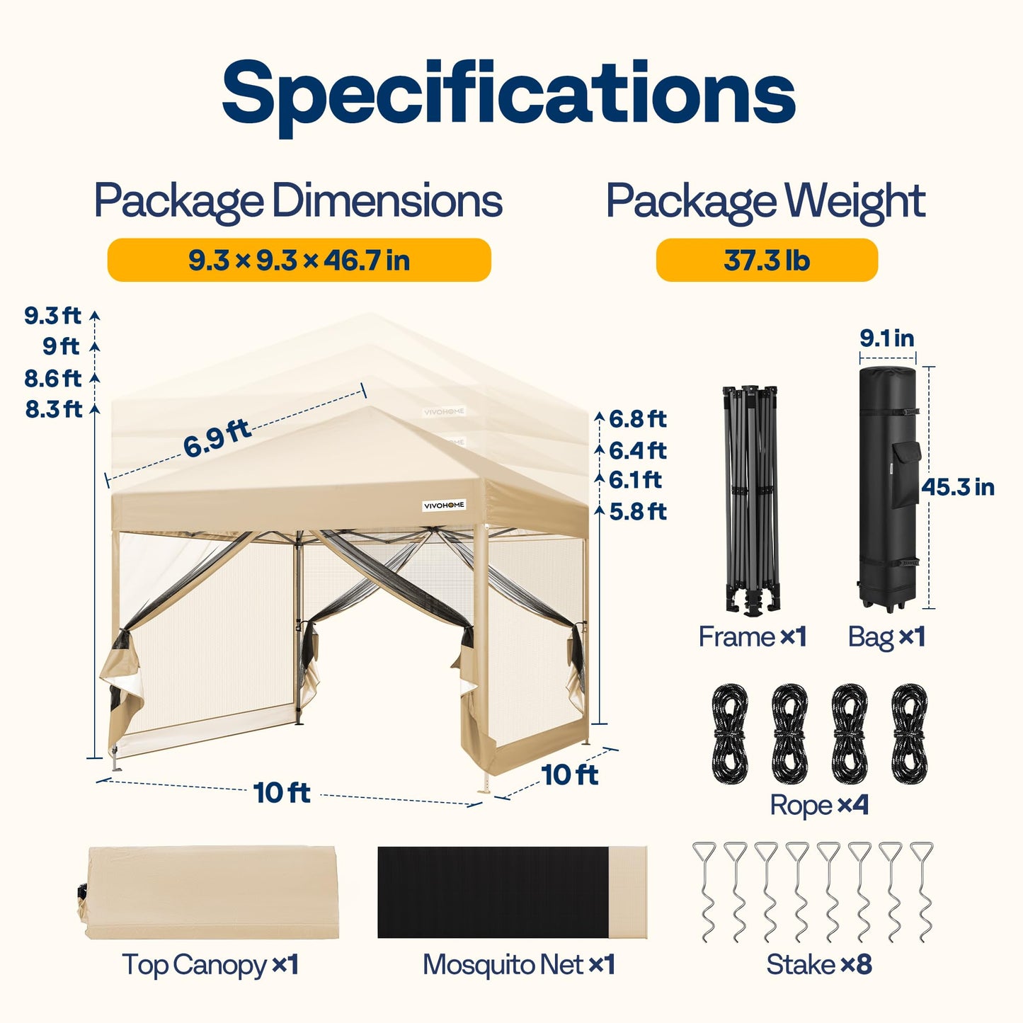 VIVOHOME 10x10ft Easy Pop-Up Canopy, Outdoor Screen Tent with Mosquito Netting, 2 Zipper Doors, and Roller Bag for Yard Camping Picnic Party Events, Beige