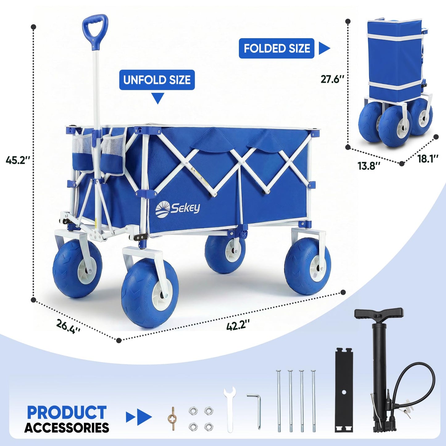 Sekey Heavy Duty Beach Wagon with 9" Wide Balloon Wheels, 600 lbs Capacity, 200L Large Foldable Wagon Cart, Adjustable Handle, All-Terrain Utility Cart for Beach Trips, Sports, and Outdoor Activities
