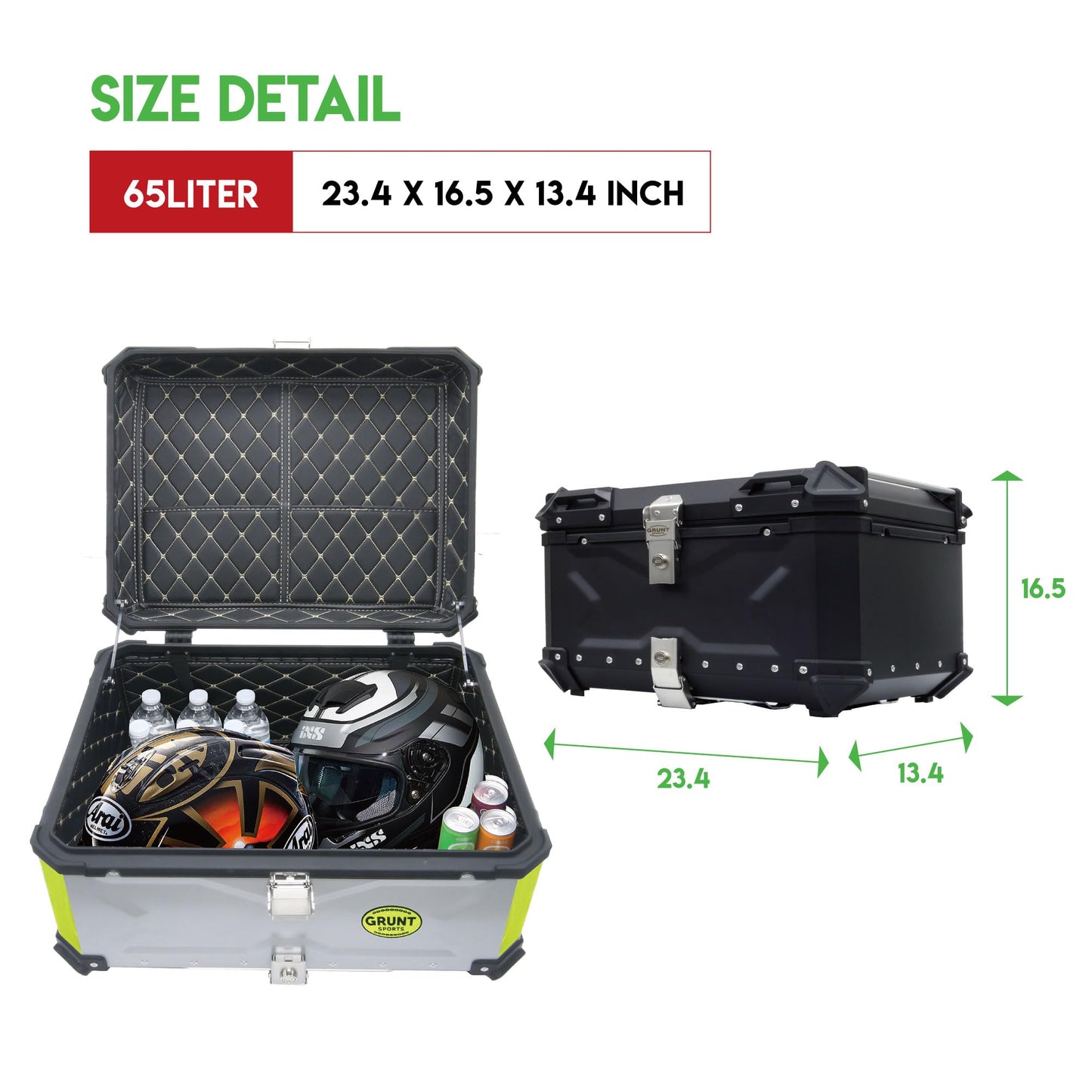 Letusto GRUNT SPORTS 65L Motorcycle Tail Box Top Case - Scooter Universal Storage Trunk – Waterproof Aluminum Luggage Tour Helmet Box with Security Lock - Includes Back Cushion (Silver, 65L)