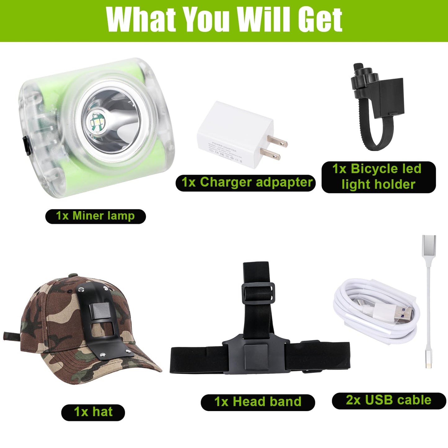 High-Power Rechargeable LED Mining Headlamp, Lightweight IP68 Waterproof Hard Hat Helmet Light for Miners, Outdoor Work, Hiking, Camping, Caving, Emergency Use (Miner Light Kit + Camouflage Hat)