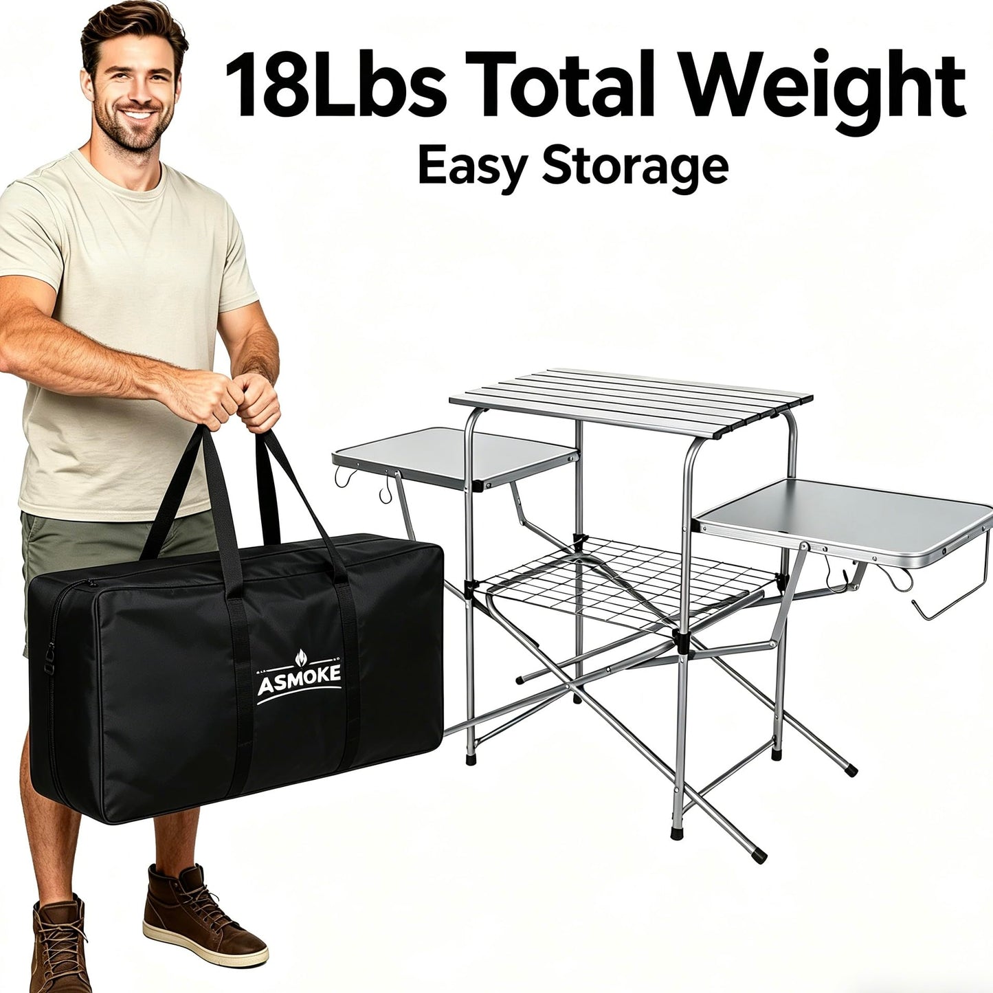 ASMOKE Foldable Grilling Table – Premium & Lightweight Aluminum Cooking Table for Camping, Outdoor BBQ Party and RV Touring - 88lbs Capacity, Comes with Carrying Bag