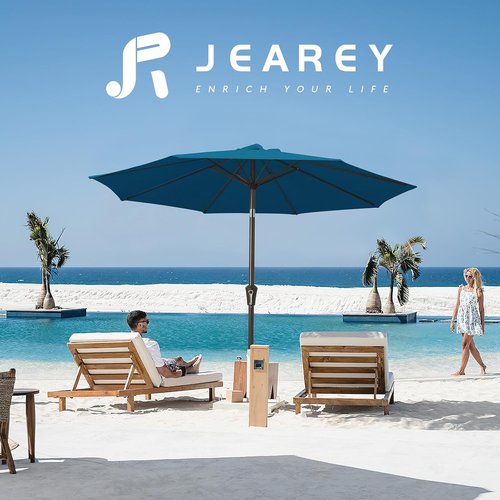 JEAREY 9FT Outdoor Patio Umbrella - Push Button Tilt & Crank | UV Protection, Waterproof, Lake Blue