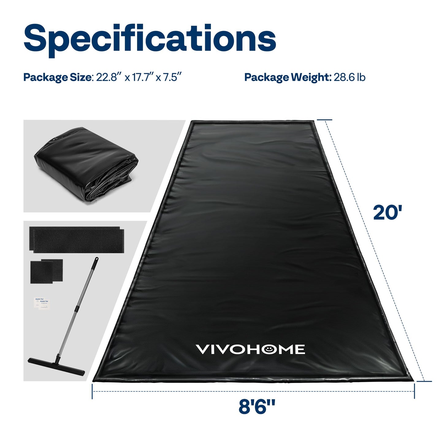 VIVOHOME Containment Mat (8'6" x 20') with Stay Put Corner, PVC Garage Floor Mats, Heavy Duty Garage Parking Mat with a Squeegee,Black