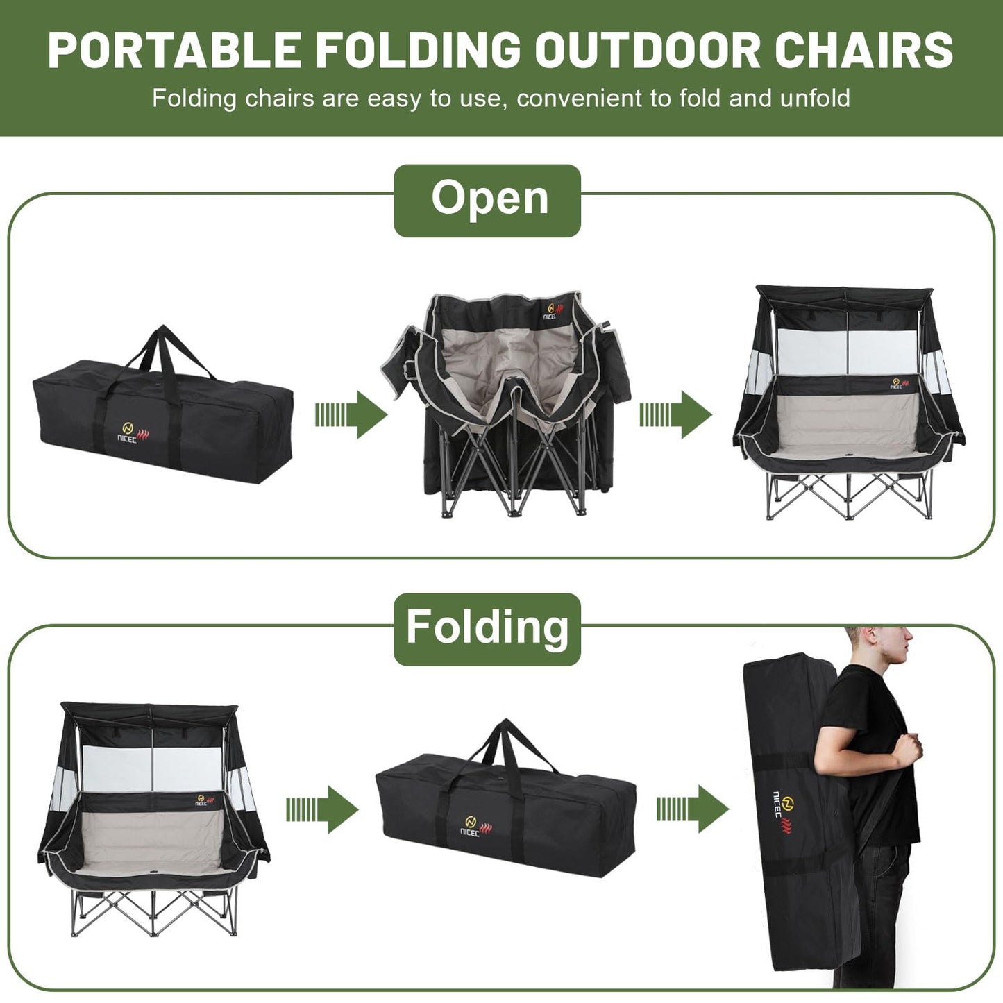 Nice C Heated Double Camping Chair with Canopy, Heated Outdoor Sports Folding Bench with Battery, Portable Padded Umbrella Chairs, Couch with Shade, Cup Holder, Cooler Bag, Loveseat For Lawn, Outdoors