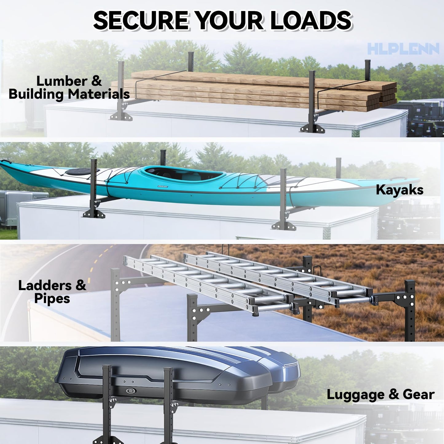 Aluminum Trailer Ladder Rack, Universal Adjustable Roof Ladder Rack for Enclosed & Open Trailers, 6.28′-9.06′ W & 0.58′-1.74′ H Adjustable, 450 lbs Capacity, Rustproof Aluminum with Ladder Stoppers