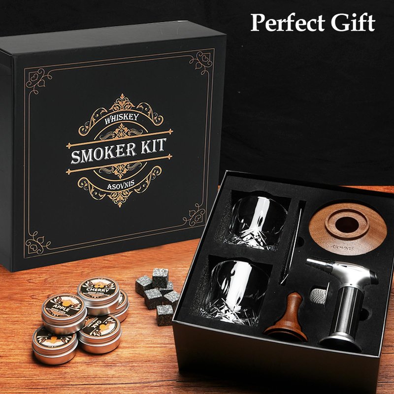 Whiskey Smoker Kit with Torch - 6 Flavors Wood Chips, 2 Glasses, Cocktail Smoker Infuser Kit, Old Fashioned Drink Smoker Kit, Birthday Valentine's Day Bourbon Whiskey Gifts for Men, Dad(No Butane)