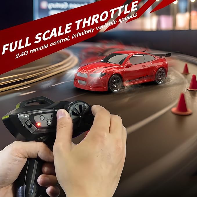 Desktop Mini Size 1:64 Scale 4WD RC Drift Car with Skill-Building Drift Control & LED Lights – Learn Drift Techniques Fast Charge Adjustable Throttle 2.4GHz Remote – Red