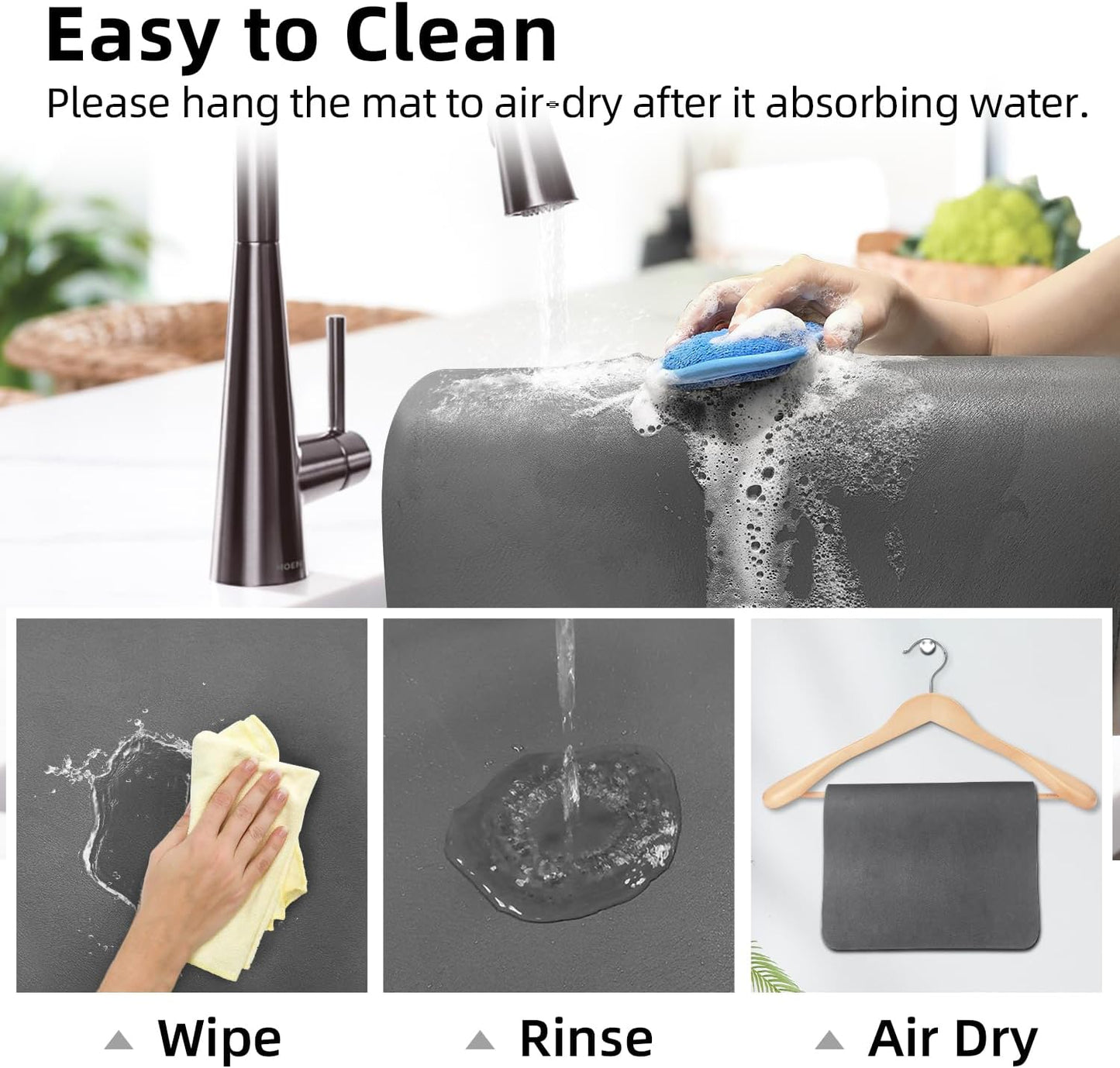 LOPNUR Kitchen Dish Drying Mat - Super Absorbent Diatomite Pad | Heat Resistant & Anti-Slip | 18"x16" Grey
