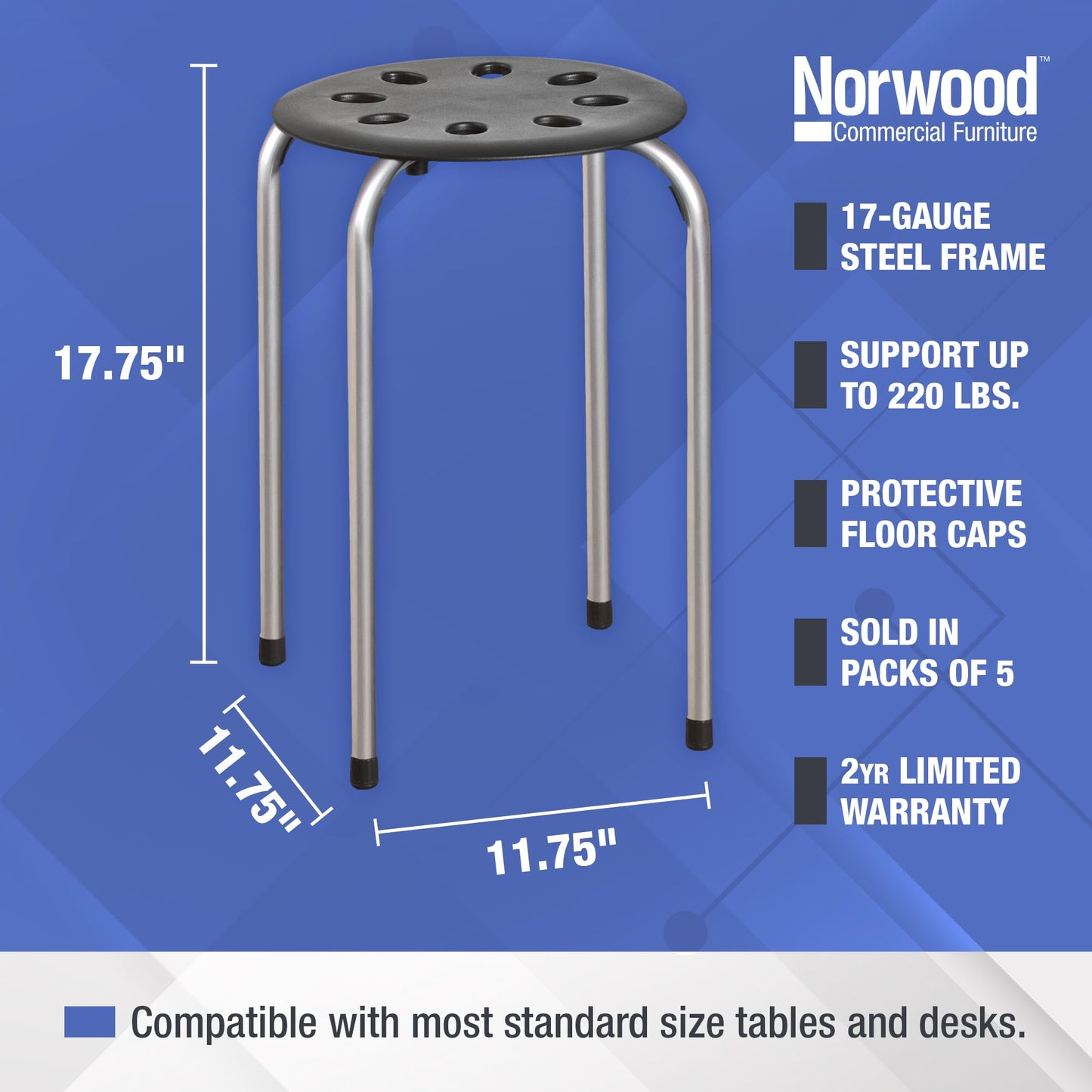 Norwood Commercial Furniture Stacking Stools for Kids and Adults, 17.75" Standard Height Portable Nesting Office and Classroom Stools, Black/Silver, Pack of 5