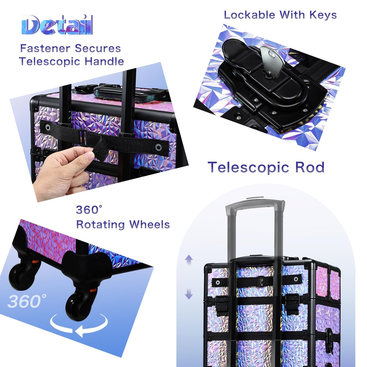 Stagiant Rolling Makeup Case Cosmetology Case on Wheels 4 in 1 Makeup Travel Case Extra Large Cosmetic Box with Key Make Up Artist Traveling Storage Nail Case Salon Barber Cart Trunk Shiny Purple
