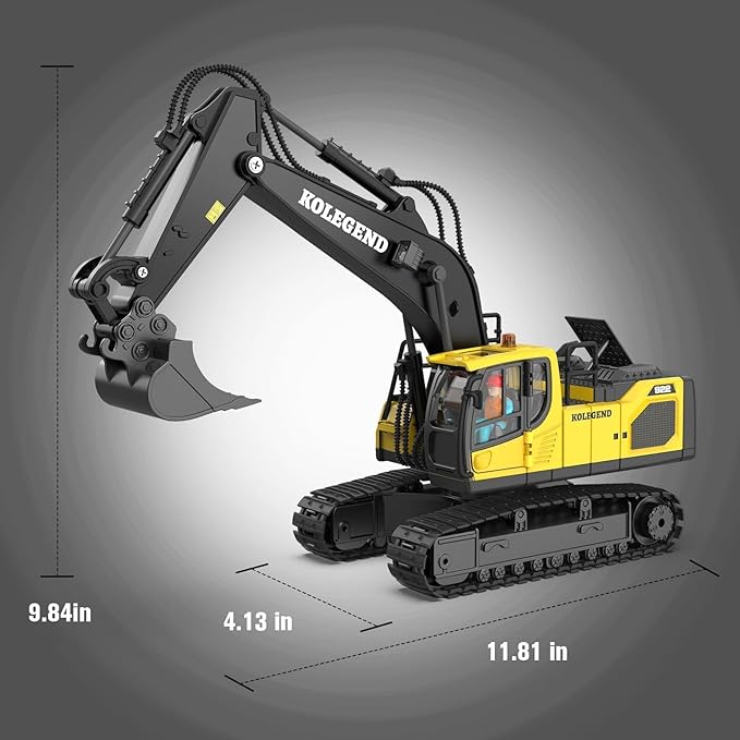 kolegend Remote Control Excavator Toy for Boy 2 Batteries- 1/20 Scale Remote Control Digger with Alloy Shovel Infinitely Rotating Cab Lights & Sounds - Gift for Kids Ages 678910