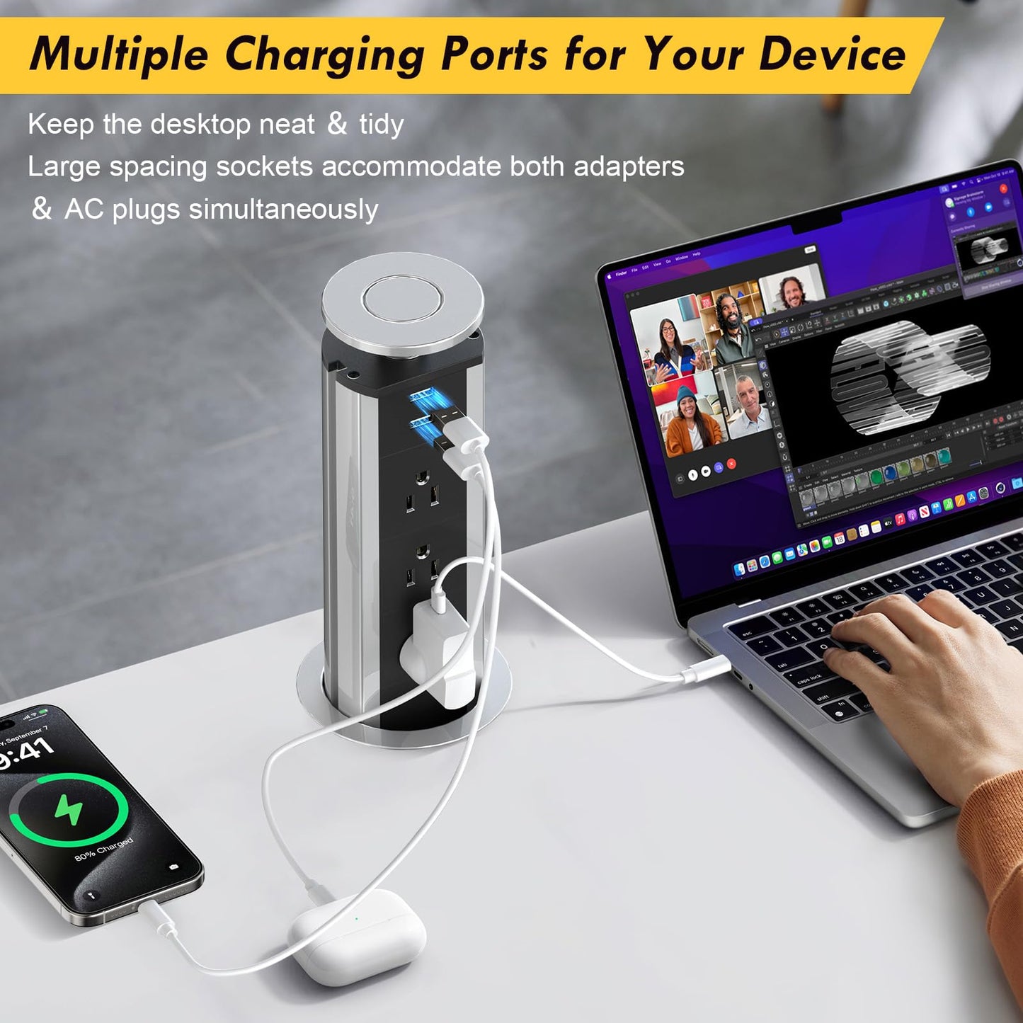 Kungfuking Pop Up Outlet Socket Recessed Retractable Power Strip Charging Station with 3 US Plug and 2 USB Ports for Kitchen Counter Island Conference Office, Black