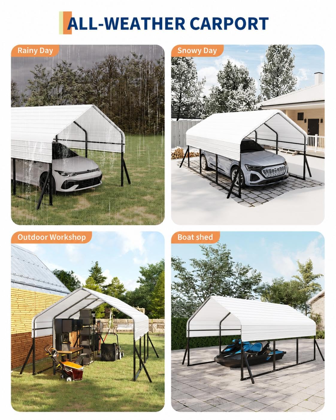 Garvee 10'x15' Metal Carport, Heavy Duty Car Ports Kit All-Weather for Pickup Trucks, Boats, RVs, Tractors, Reinforced Frame with Anchors