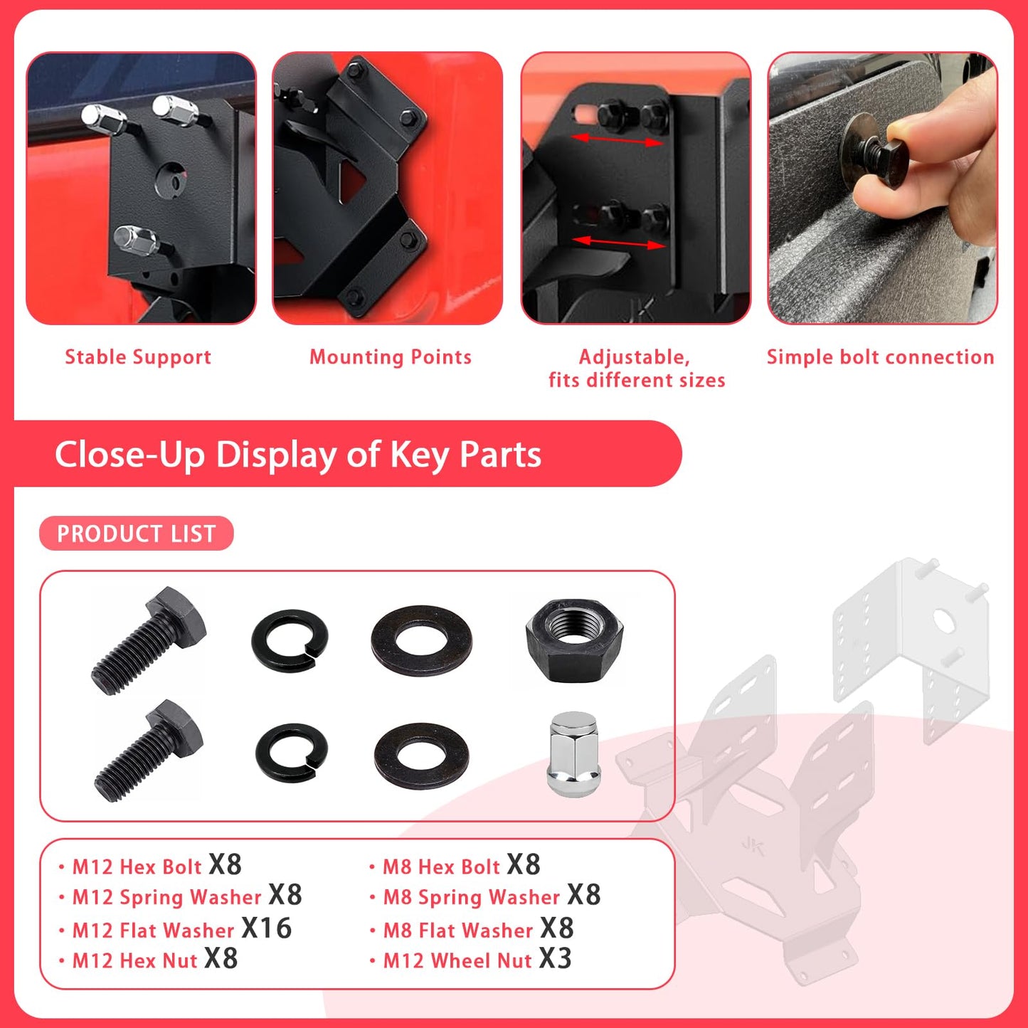KLYONA for JK JKU up to 37 Inches Spare Tire Carrier Compatible with 2007 2008 2009 2010 2011 2012 2013 2014 2015 2016 2017 2018 Jeep Wrangler JK JKU Unlimted Width-Adjustable Spare Tire Lift Holder