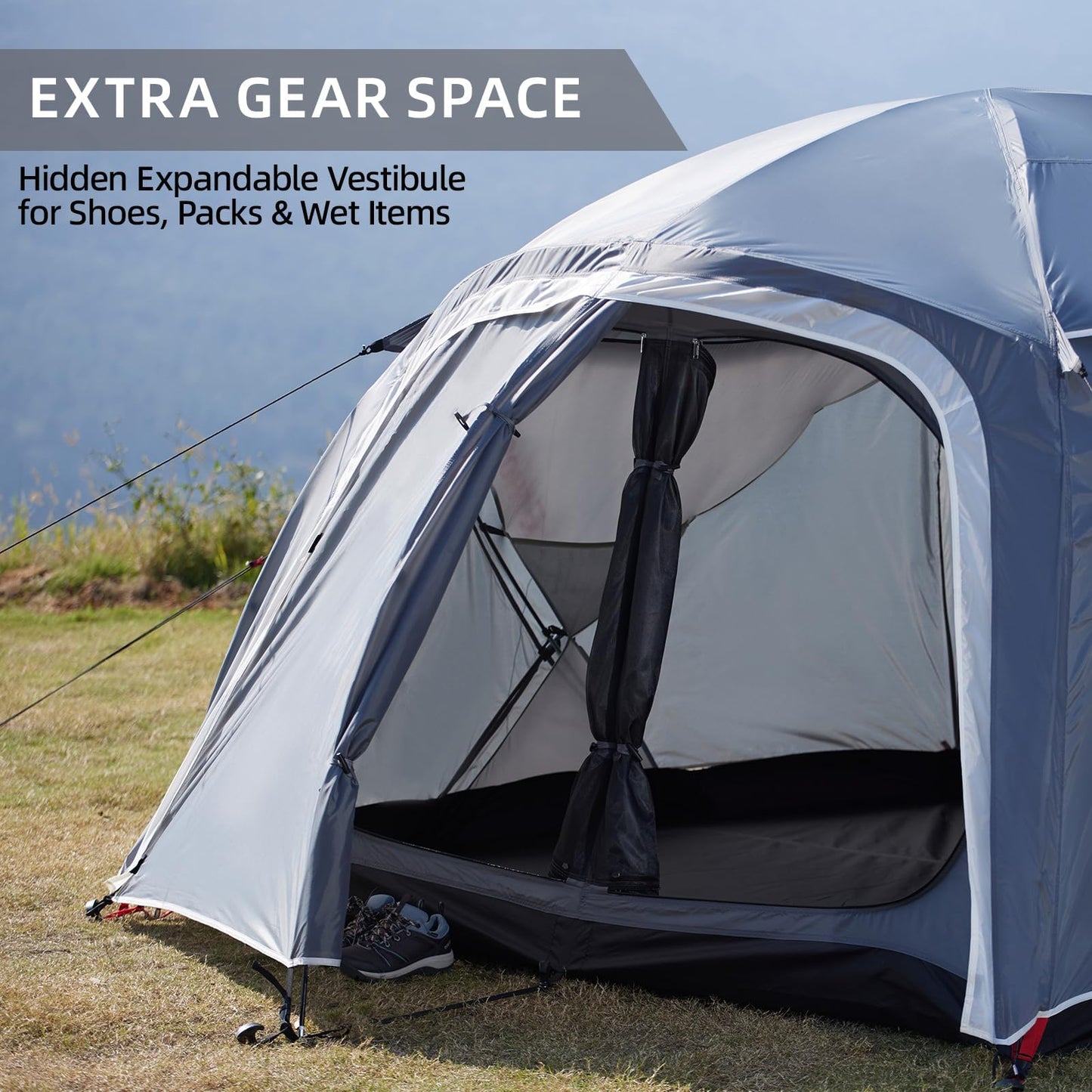 EchoSmile 3-5 Person Family Camping Tent, Waterproof Windproof Heavy Duty Dome Shelter, Easy Setup Multi-Pole Cabana with Extra Storage Room for Wet Bags & Shoes, Outdoor Hiking Travel -Gray