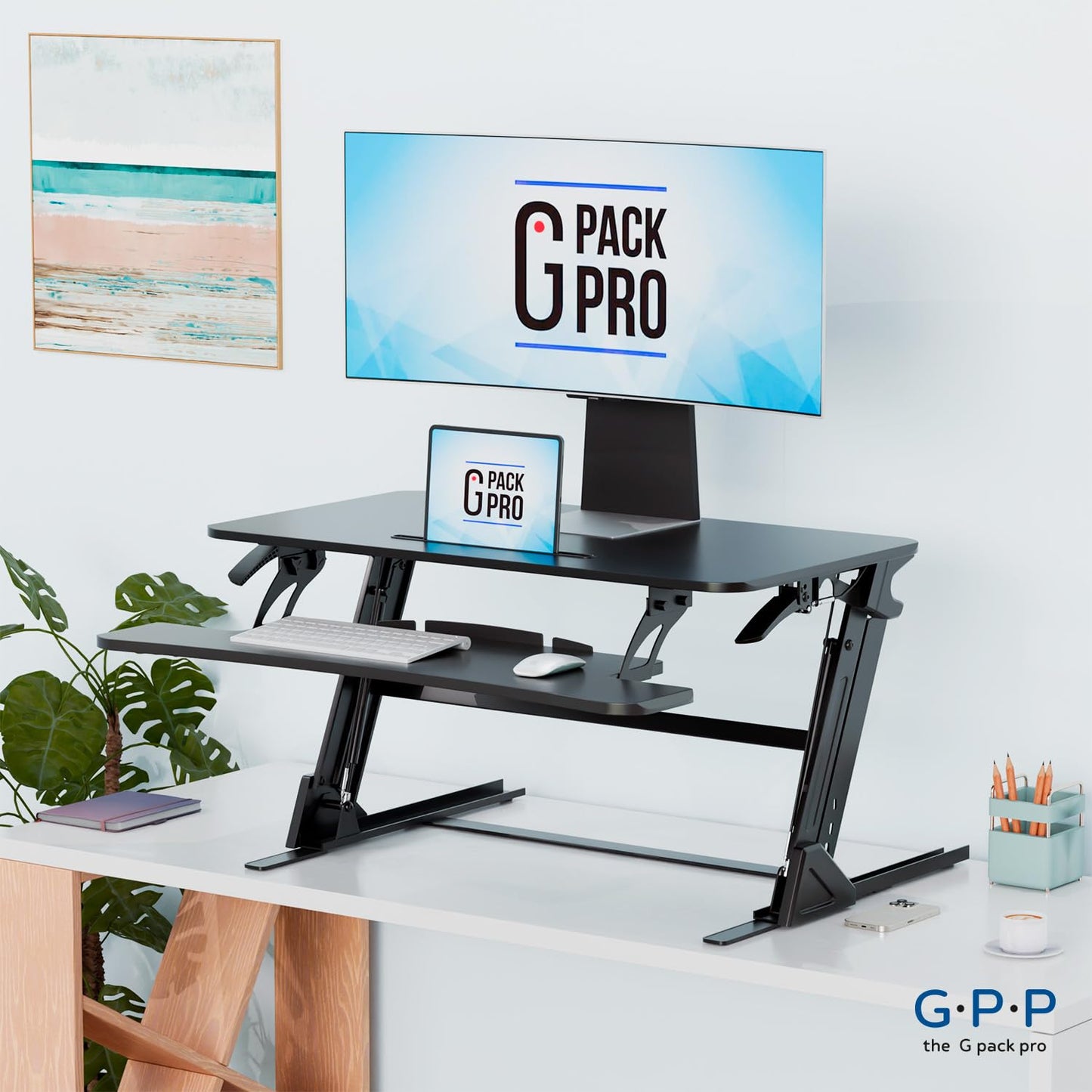 G-PACK PRO 36″ Wide Standing Desk Converter – Sit-to-Stand Workstation for Dual Monitors, Height Adjustable Up to 17.3″ with Large Keyboard Tray – Black