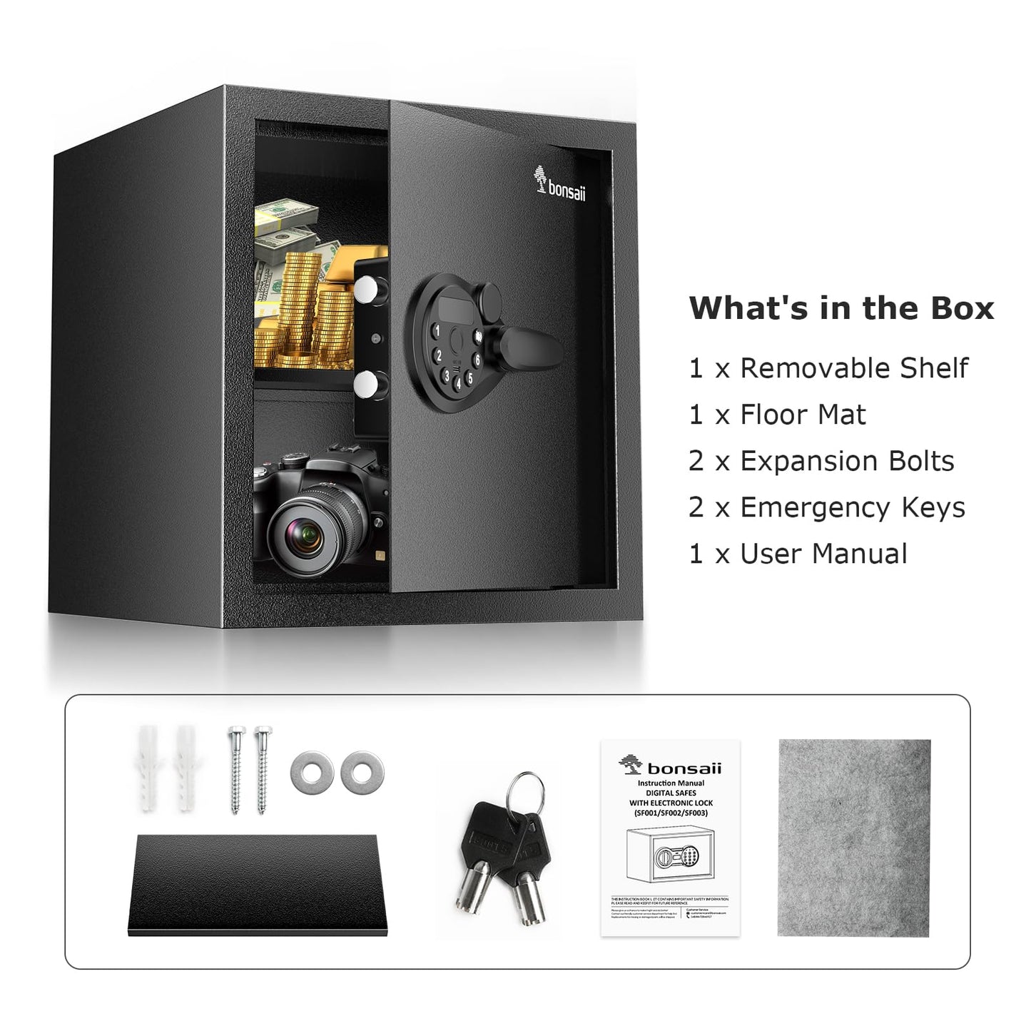Bonsaii Security Safe Box,1.2 Cubic Feet Large Document Safe Box,New Type of Digital Keypad Lock,Removable Shelf for Money,Jewelry and Valuables,12.99 x 14.17 x 12.99 Inches