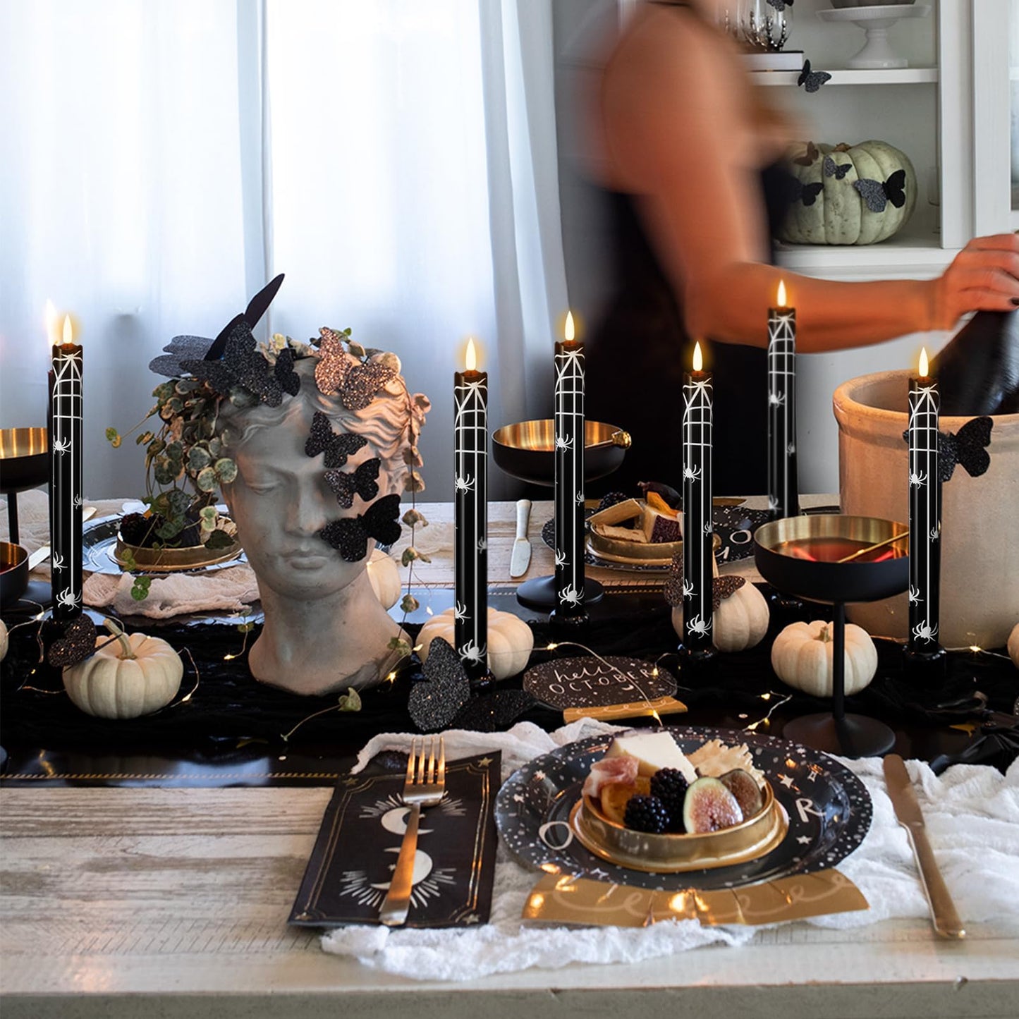 Wondise Black Halloween Flameless Taper Candles with Remote & Timer, Halloween Battery Operated Spider Candles Waxy with 3D Wick Flickering for Halloween Decorations