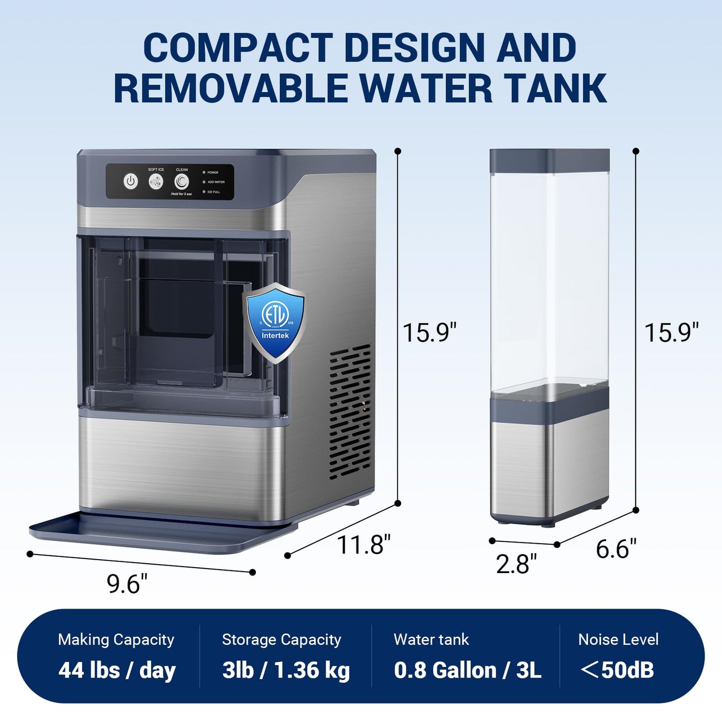 Nugget Ice Maker Countertop, 44lbs/24H with 0.8 Gallon Tank, ETL Approval, Chewable Soft Pellet Ice Ready in 5 Mins, Stainless Steel Countertop Ice Maker with Self-Cleaning for Home, Office, RV