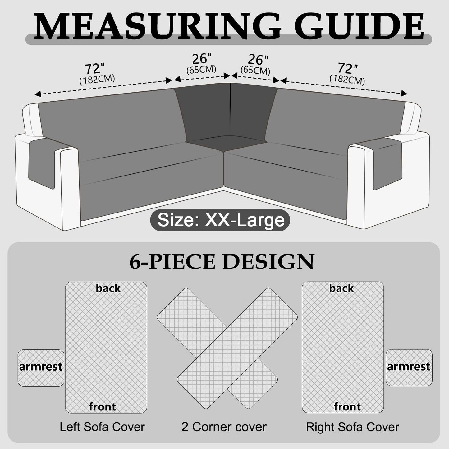 HDCAXKJ Waterproof Sectional Couch Cover L Shaped Sofa Covers Washable Corner Sectional Slipcovers Dog Pet Proof U Shape Furniture Protector with Upgraded Anti Slip Strips (XX-Large, Dark Grey)
