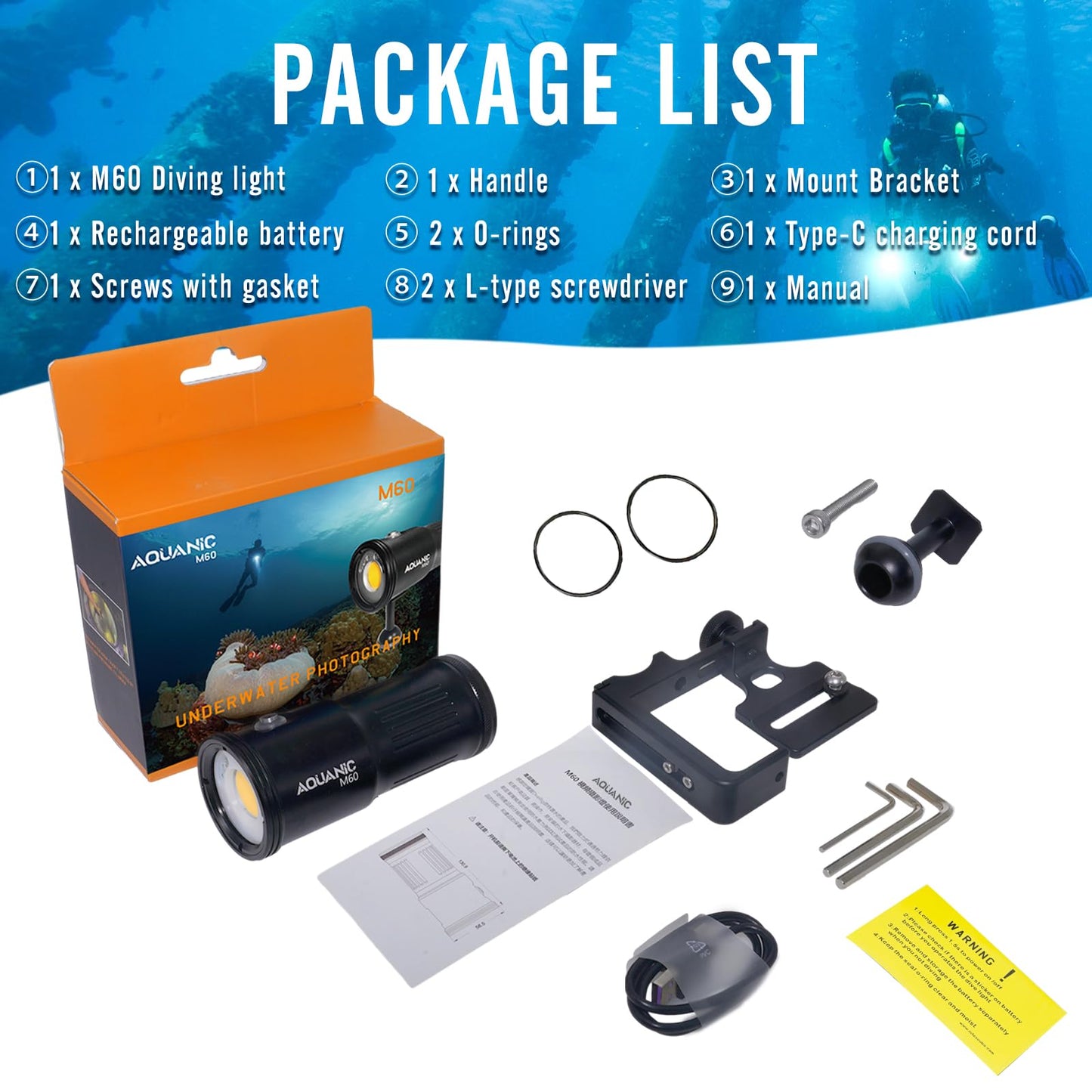 nitescuba M60 Scuba Diving Flashlight 6000 Lumens Underwater Diving Light,Dive Light Rechargeable with USB-C Charging,IP68 Waterproof Night Dive Torch(100m/330ft)